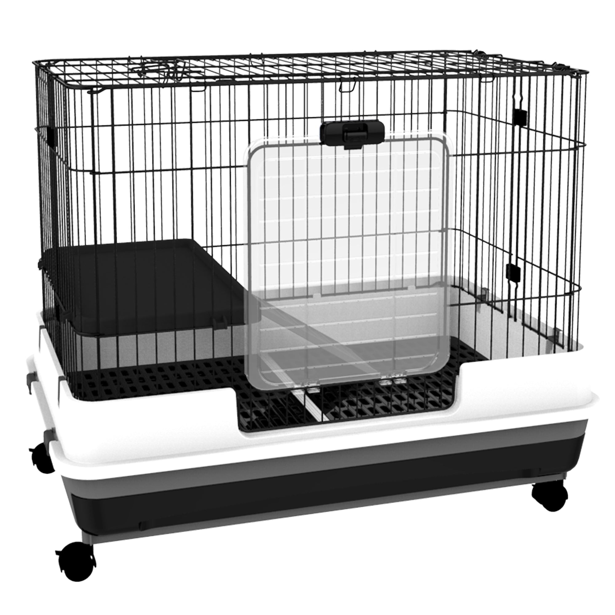 PawHut 28"H 2-Level Small Animal Cage Rabbit Hutch with Universal Lockable Wheels, Slide-Out Tray for Bunny, Chinchillas, Ferret, Black