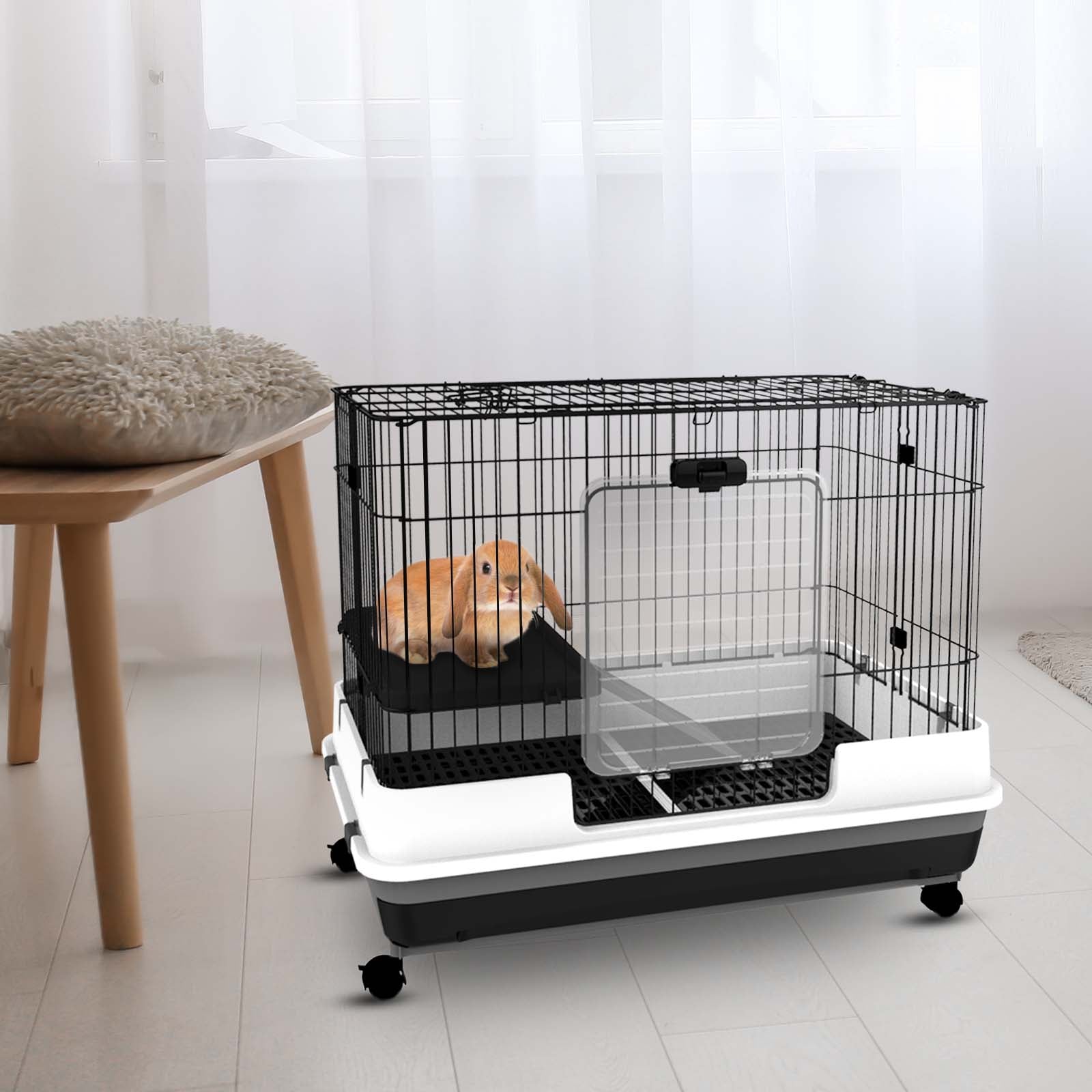 PawHut 28"H 2-Level Small Animal Cage Rabbit Hutch with Universal Lockable Wheels, Slide-Out Tray for Bunny, Chinchillas, Ferret, Black