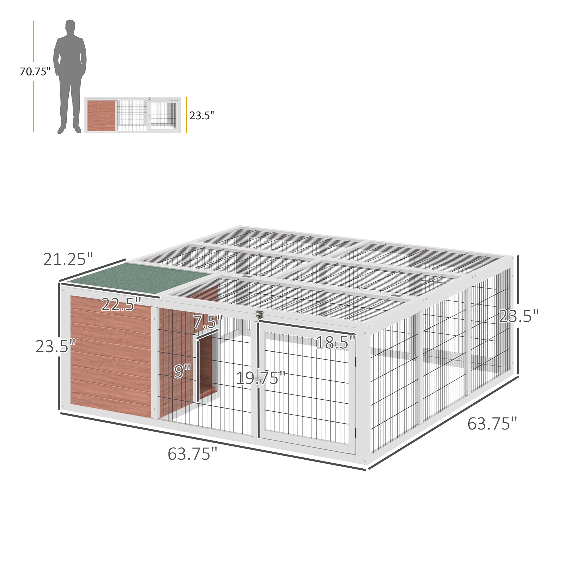 PawHut 64" Outdoor Rabbit Hutch Playpen, Wooden Tortoise House Habitat, Bunny Cage with Run and Enclosed Cover Indoor