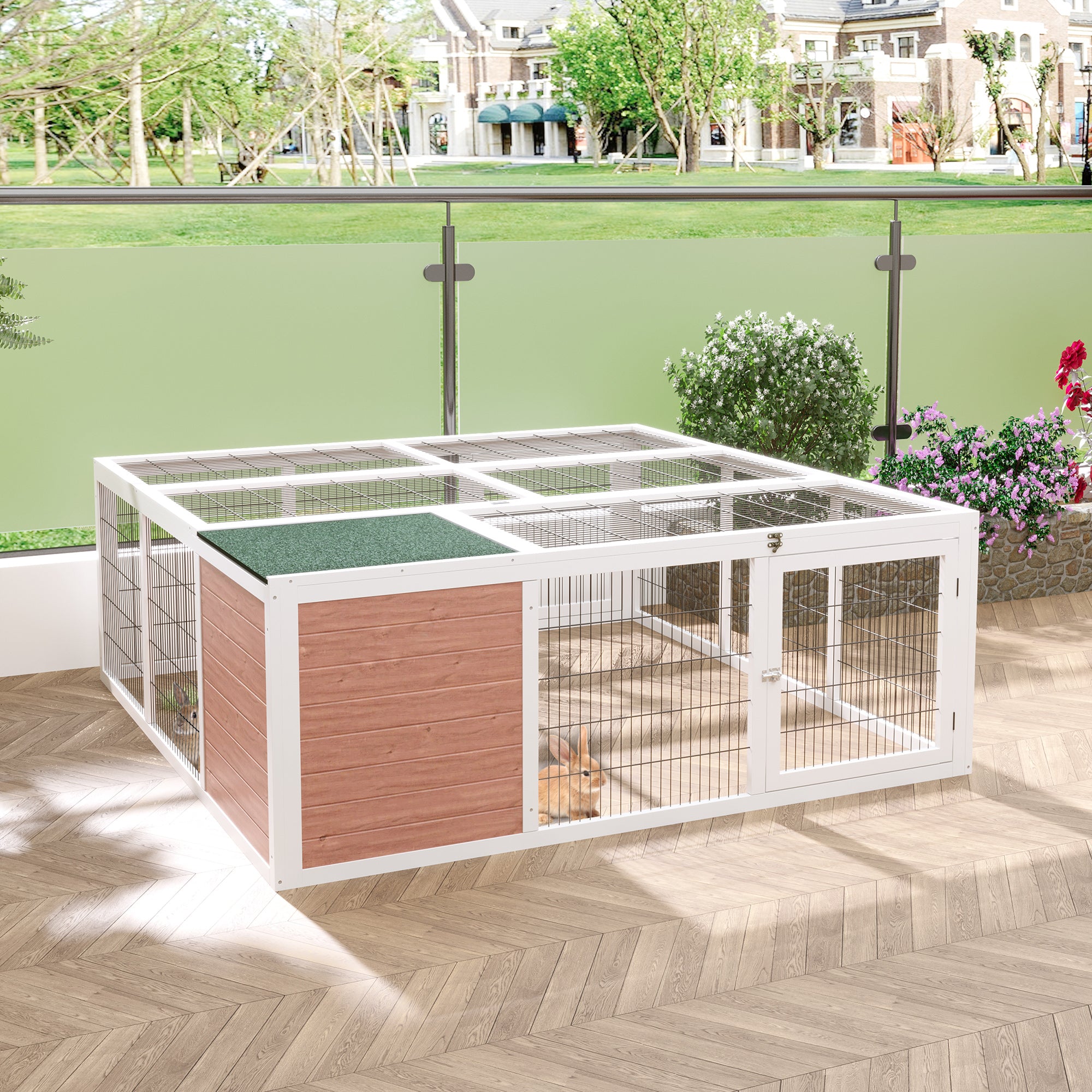 PawHut 64" Outdoor Rabbit Hutch Playpen, Wooden Tortoise House Habitat, Bunny Cage with Run and Enclosed Cover Indoor