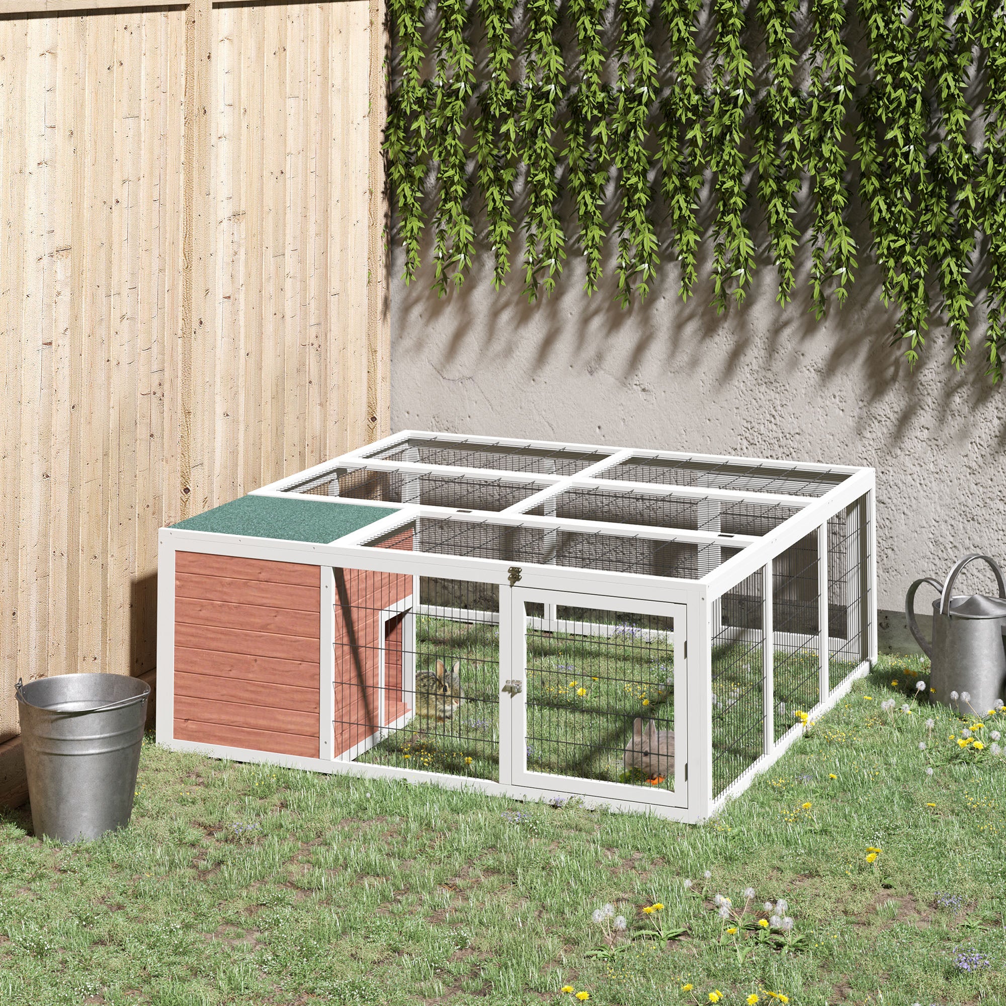 PawHut 64" Outdoor Rabbit Hutch Playpen, Wooden Tortoise House Habitat, Bunny Cage with Run and Enclosed Cover Indoor