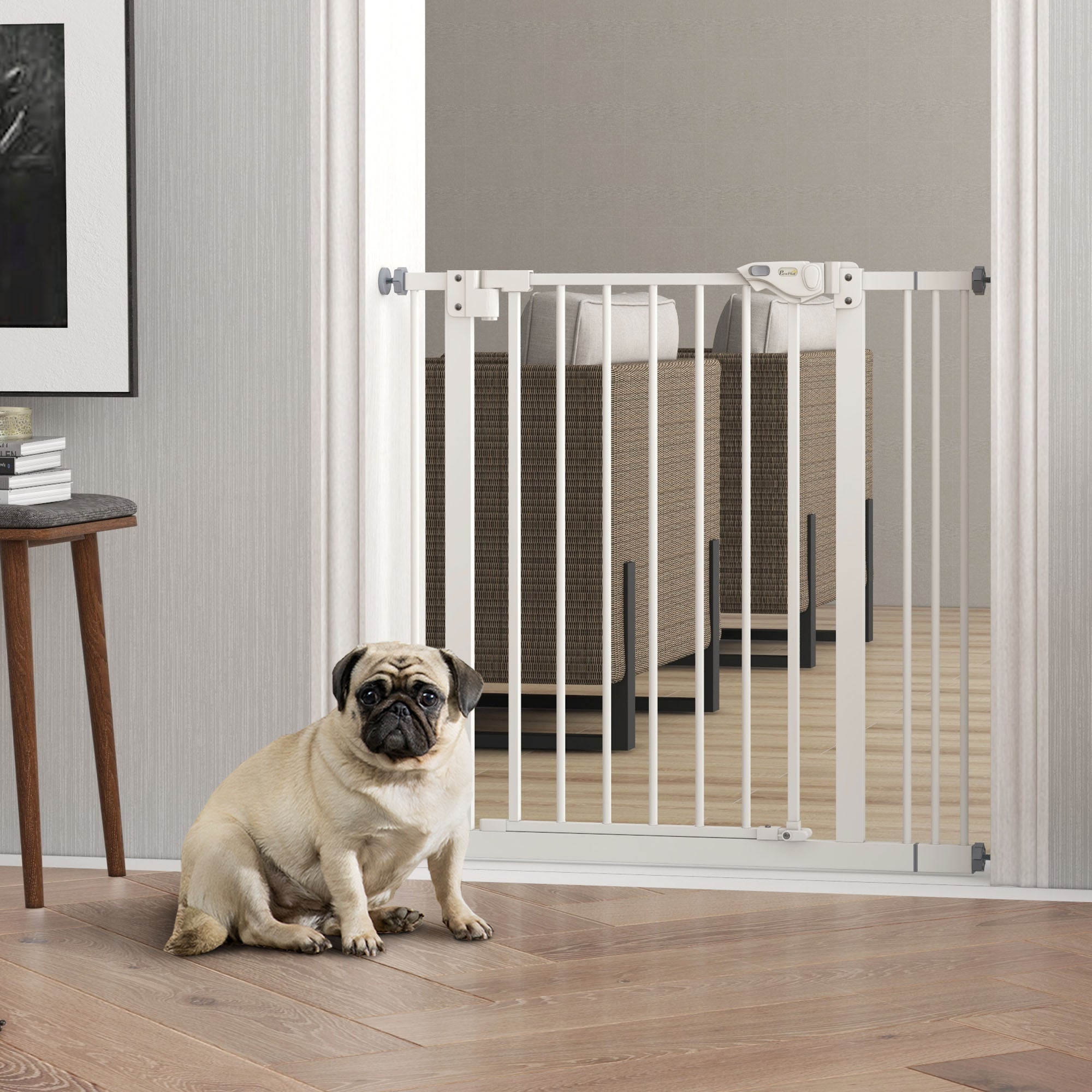PawHut Dog Gate Stair Gate Pressure Fit Pets Barrier Auto Close for Doorway Hallway, 74-87cm Wide Adjustable, White