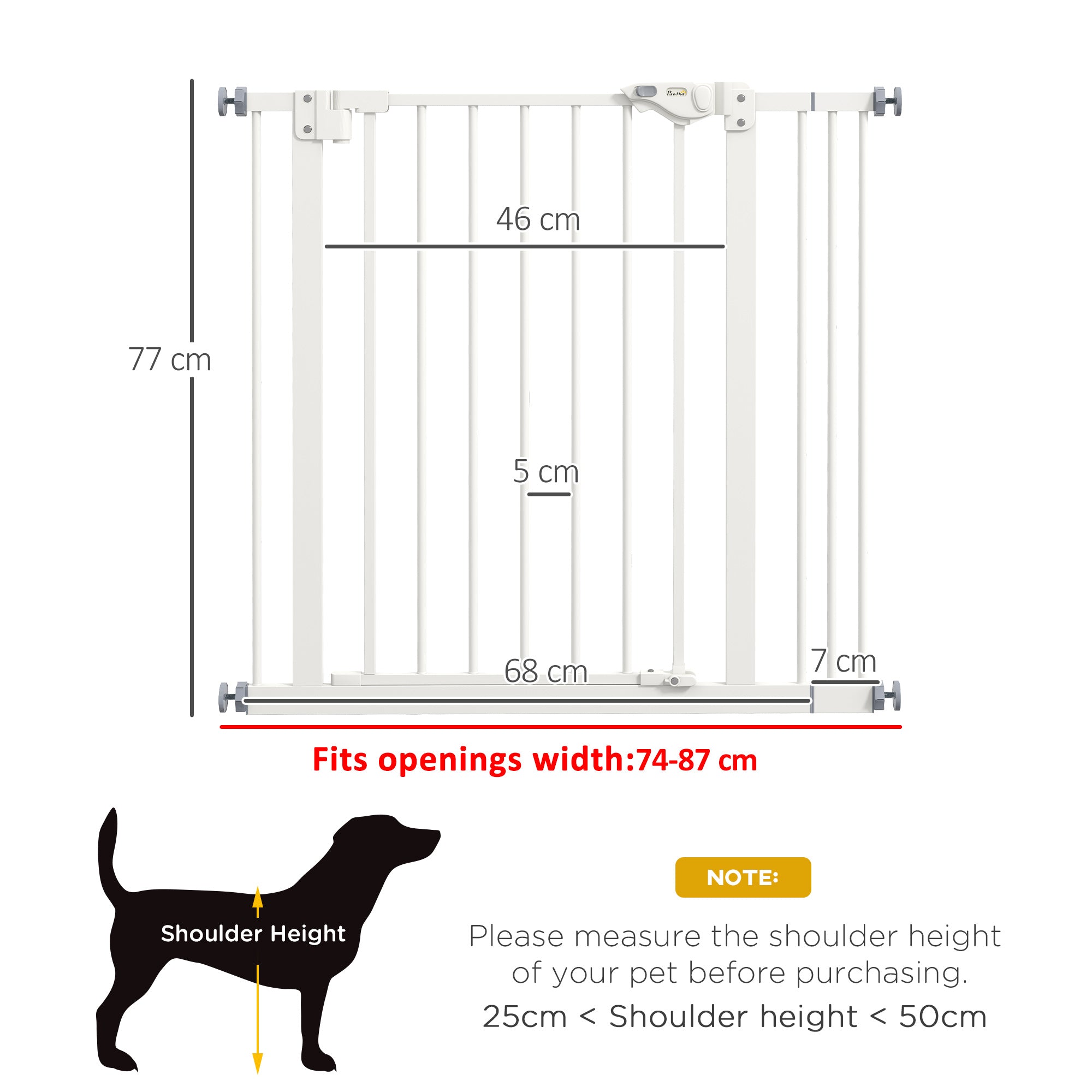 PawHut Dog Gate Stair Gate Pressure Fit Pets Barrier Auto Close for Doorway Hallway, 74-87cm Wide Adjustable, White