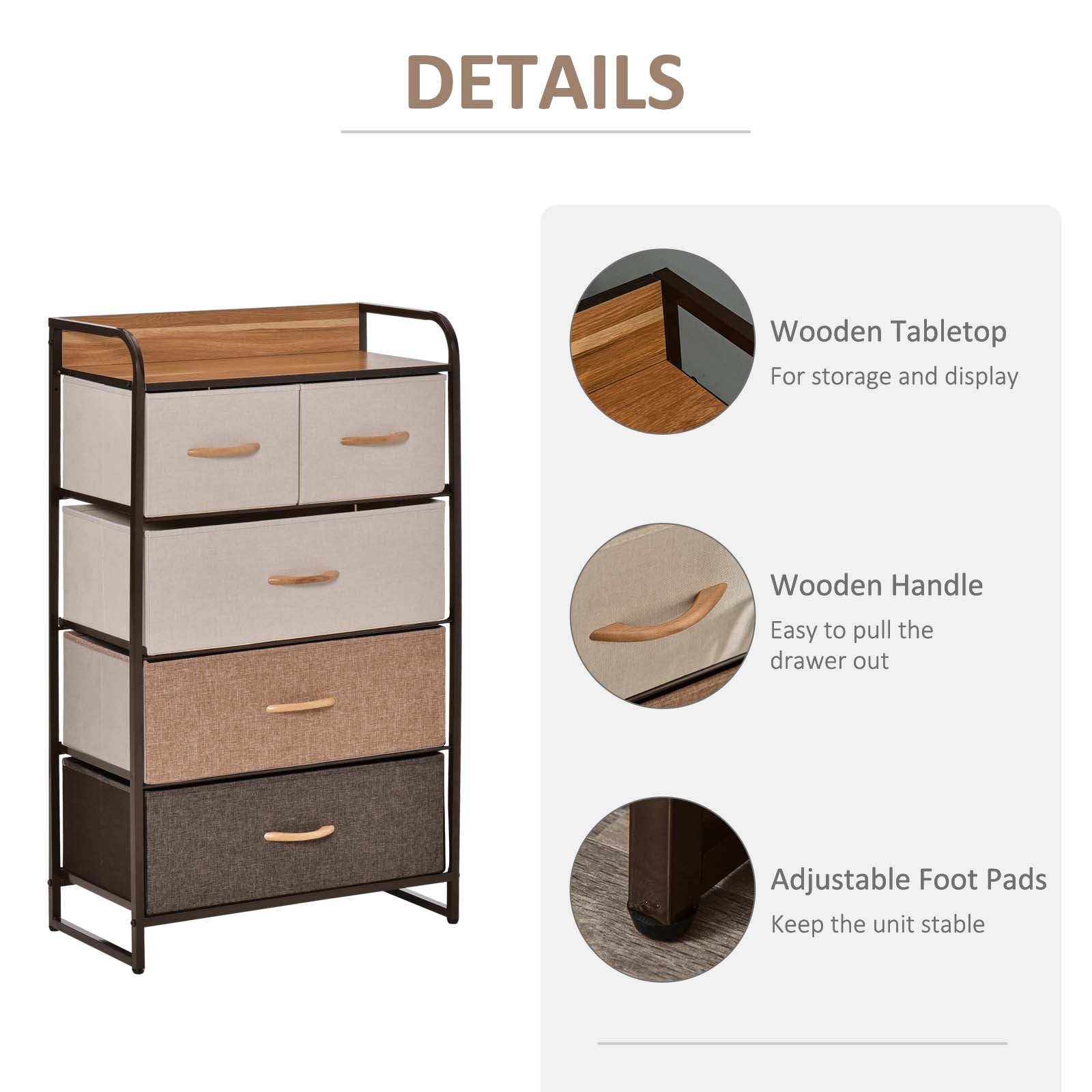 HOMCOM Dresser for Bedroom with 5 Drawers, Chest of Drawers with Metal Frame, Fabric Dresser for Living Room, Entryway, Hallway, Multi-Coloured