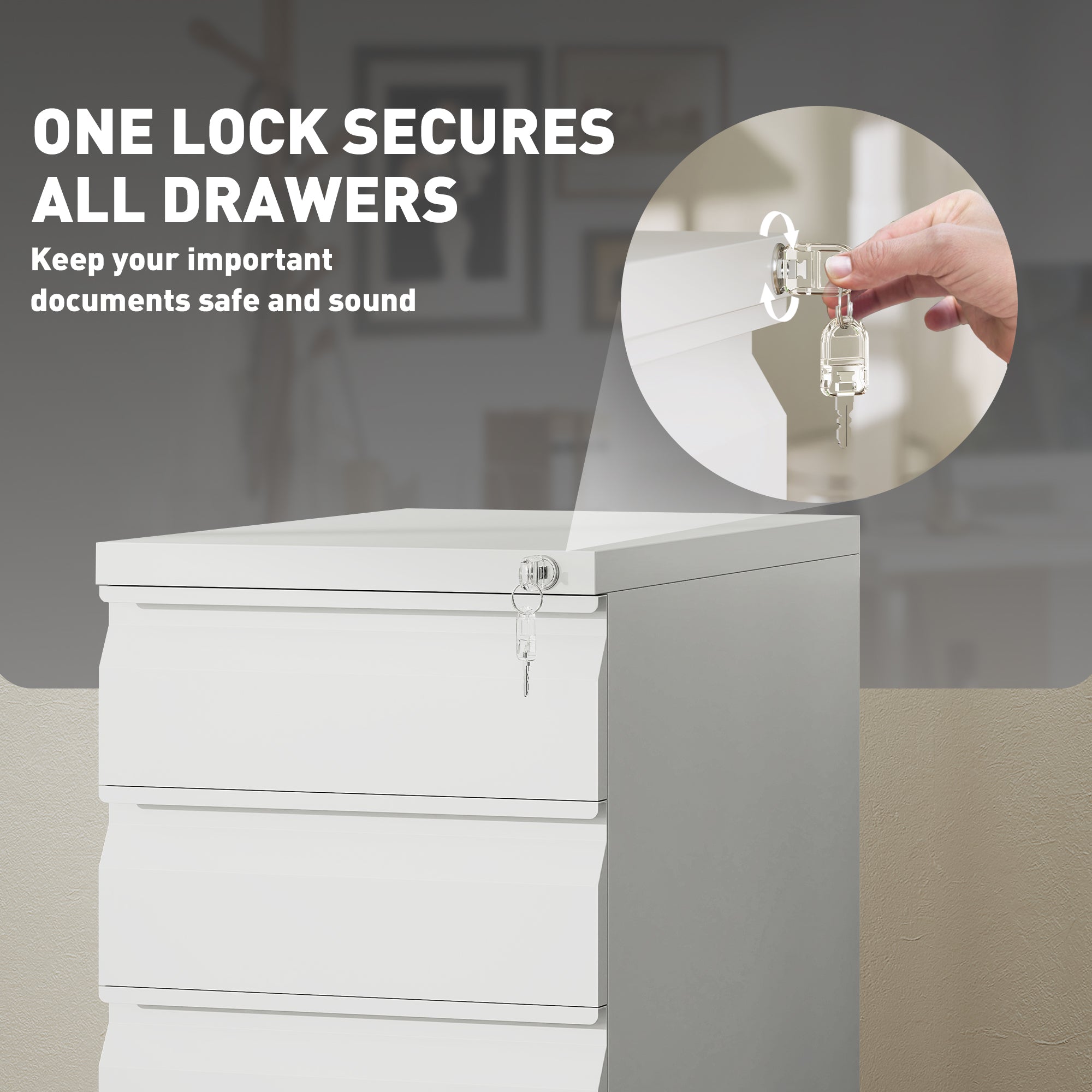 Vinsetto 3 Drawer Vertical File Cabinet with Lock, Steel Filing Cabinet with Wheels and Hanging Bar for A4 Legal and Letter Size Files, Printer Stand with Pre-Assembled Body, White