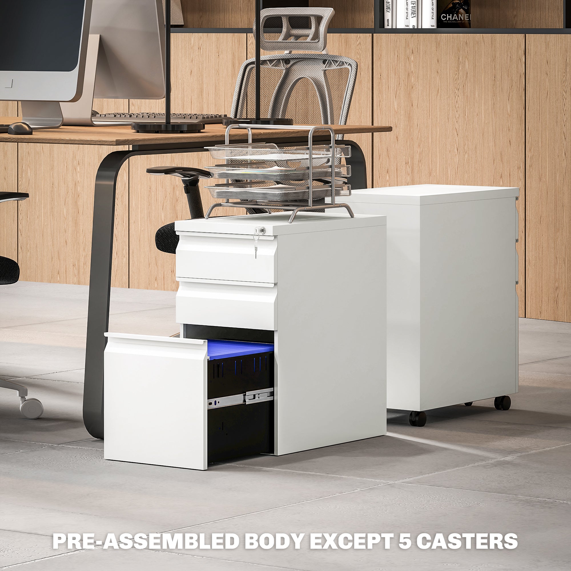 Vinsetto 3 Drawer Vertical File Cabinet with Lock, Steel Filing Cabinet with Wheels and Hanging Bar for A4 Legal and Letter Size Files, Printer Stand with Pre-Assembled Body, White