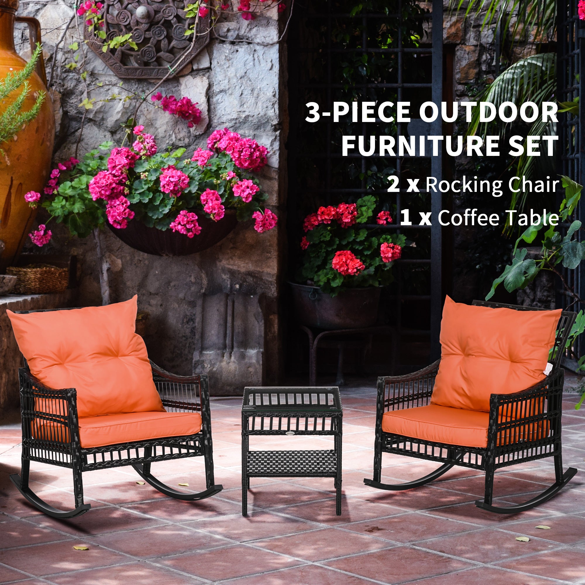 Outsunny 3 Pieces Outdoor PE Rattan Rocking Chair Set, Patio Wicker Rocker Chair Bistro set with Padded Cushions and Storage, for Garden Backyard Porch, Orange