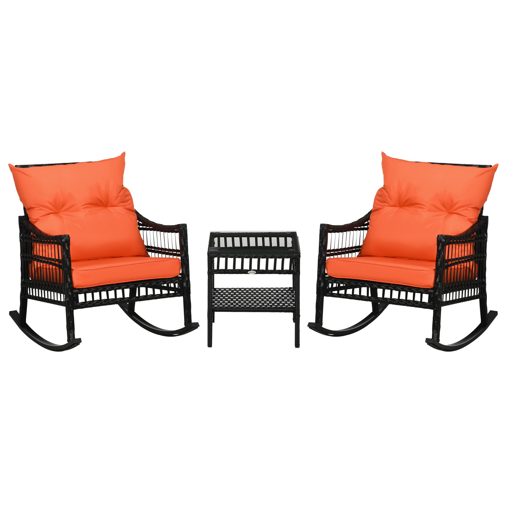 Outsunny 3 Pieces Outdoor PE Rattan Rocking Chair Set, Patio Wicker Rocker Chair Bistro set with Padded Cushions and Storage, for Garden Backyard Porch, Orange