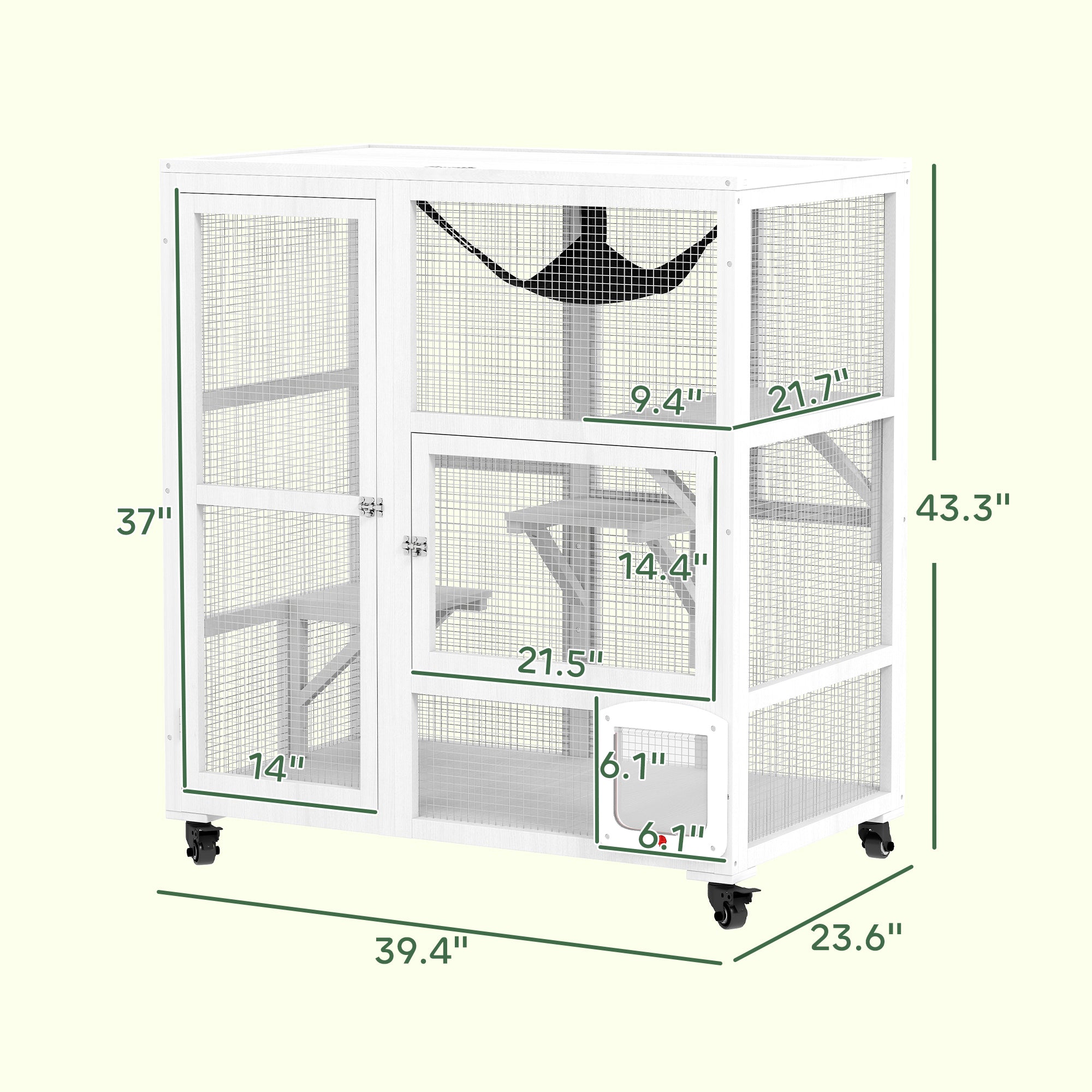 PawHut Indoor Wooden Catio, Cat House Cat Enclosure on Wheels with 3 Platforms, Hammock, Cat Flap Door & Openable Top, Luxury Kitty House for 2 Cats, 39", White