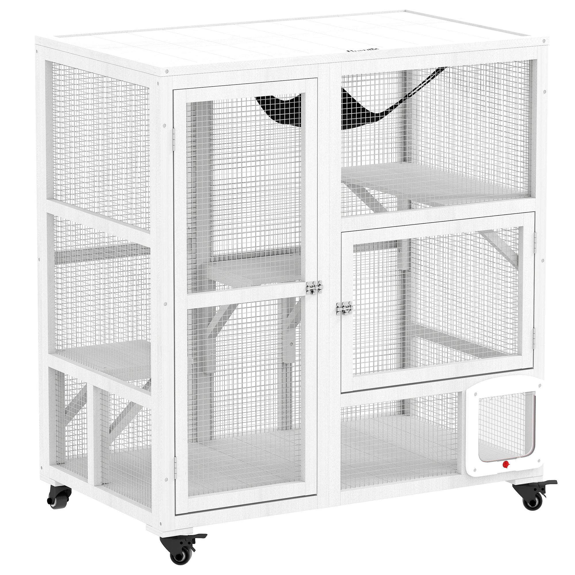 PawHut Indoor Wooden Catio, Cat House Cat Enclosure on Wheels with 3 Platforms, Hammock, Cat Flap Door & Openable Top, Luxury Kitty House for 2 Cats, 39", White