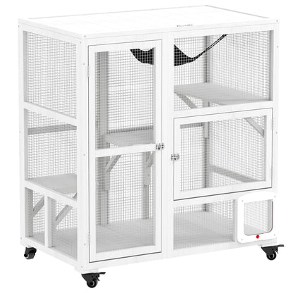 PawHut Indoor Wooden Catio, Cat House Cat Enclosure on Wheels with 3 Platforms, Hammock, Cat Flap Door & Openable Top, Luxury Kitty House for 2 Cats, 39", White