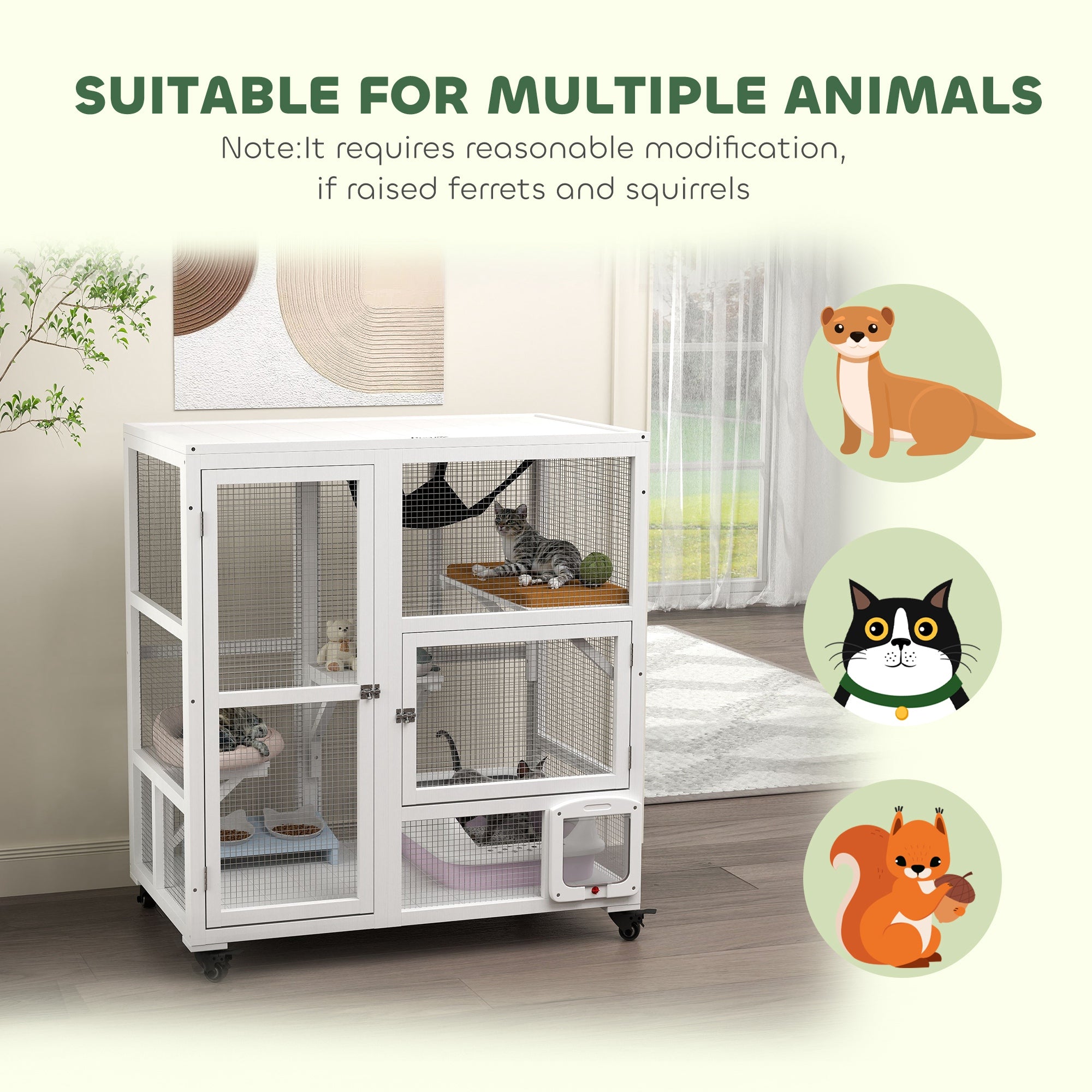 PawHut Indoor Wooden Catio, Cat House Cat Enclosure on Wheels with 3 Platforms, Hammock, Cat Flap Door & Openable Top, Luxury Kitty House for 2 Cats, 39", White