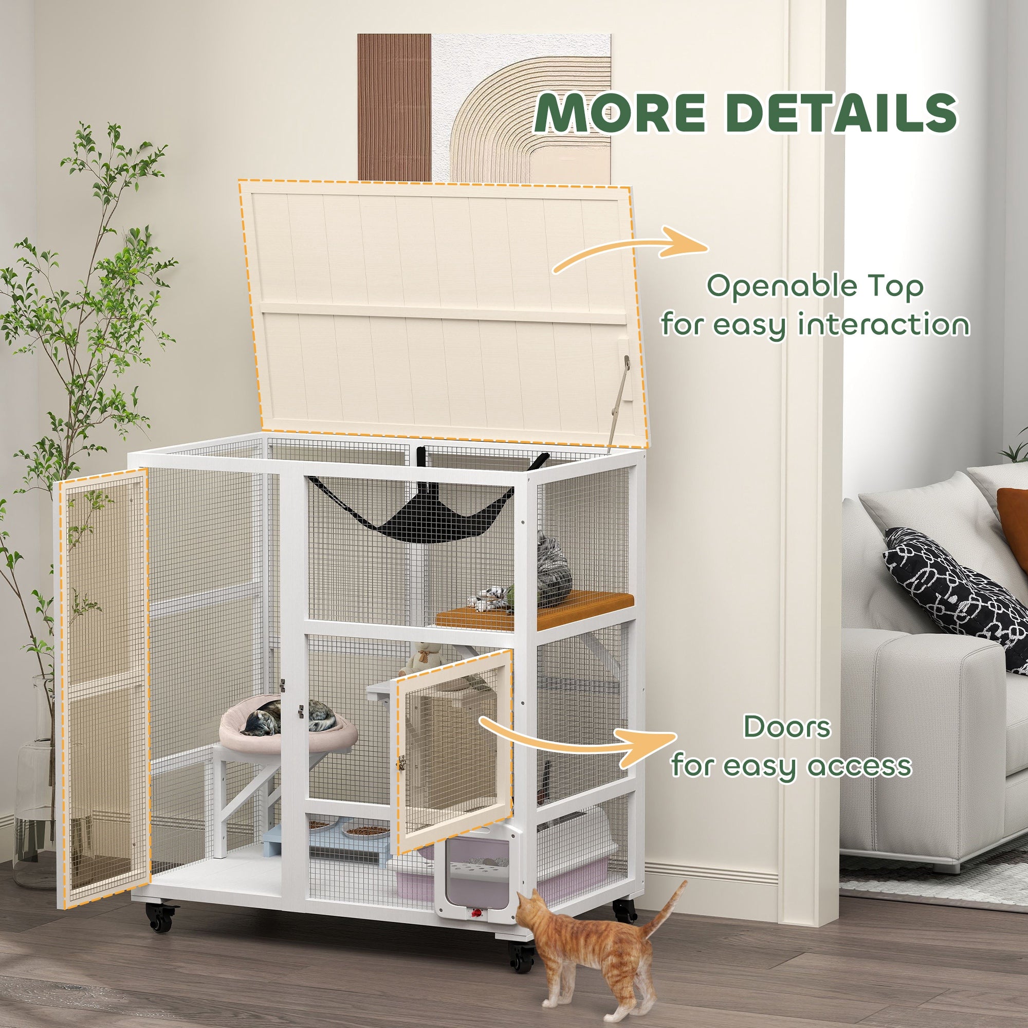 PawHut Indoor Wooden Catio, Cat House Cat Enclosure on Wheels with 3 Platforms, Hammock, Cat Flap Door & Openable Top, Luxury Kitty House for 2 Cats, 39", White