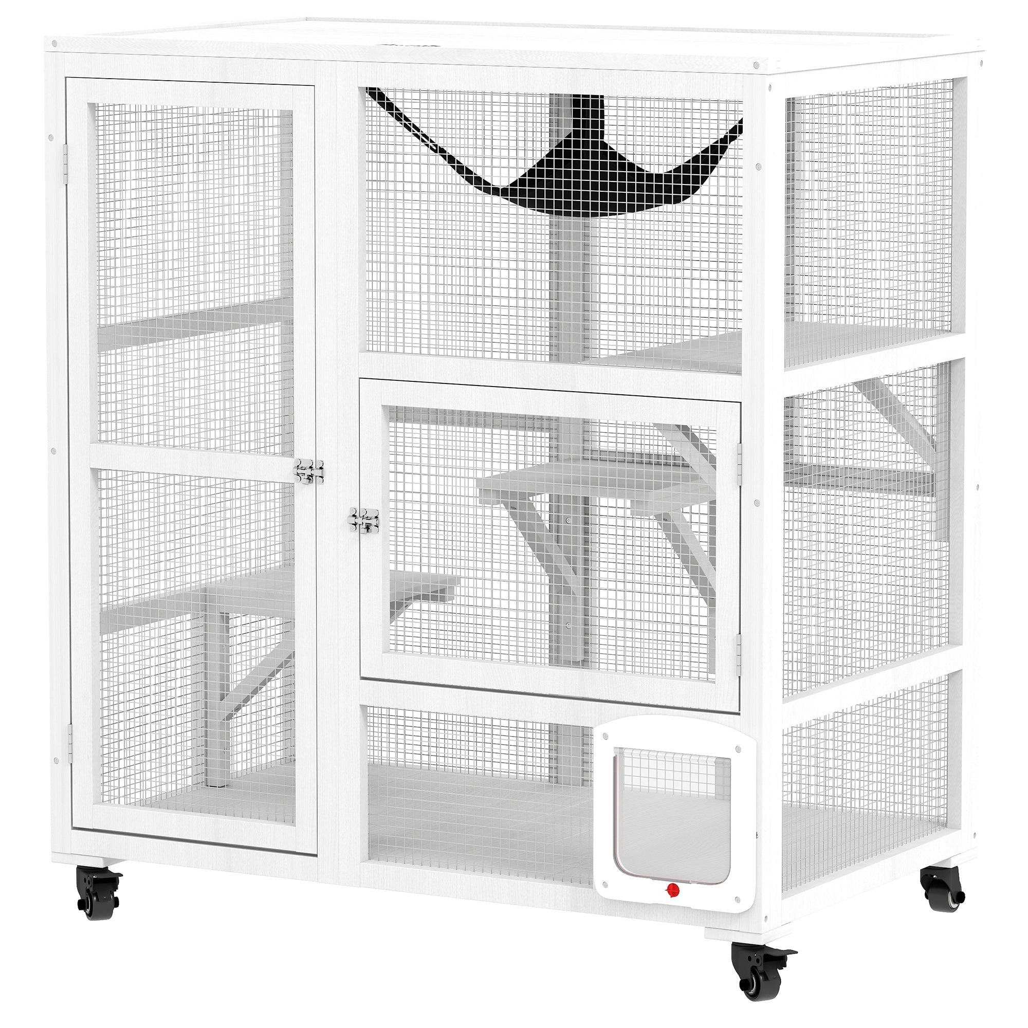 PawHut Indoor Wooden Catio, Cat House Cat Enclosure on Wheels with 3 Platforms, Hammock, Cat Flap Door & Openable Top, Luxury Kitty House for 2 Cats, 39", White