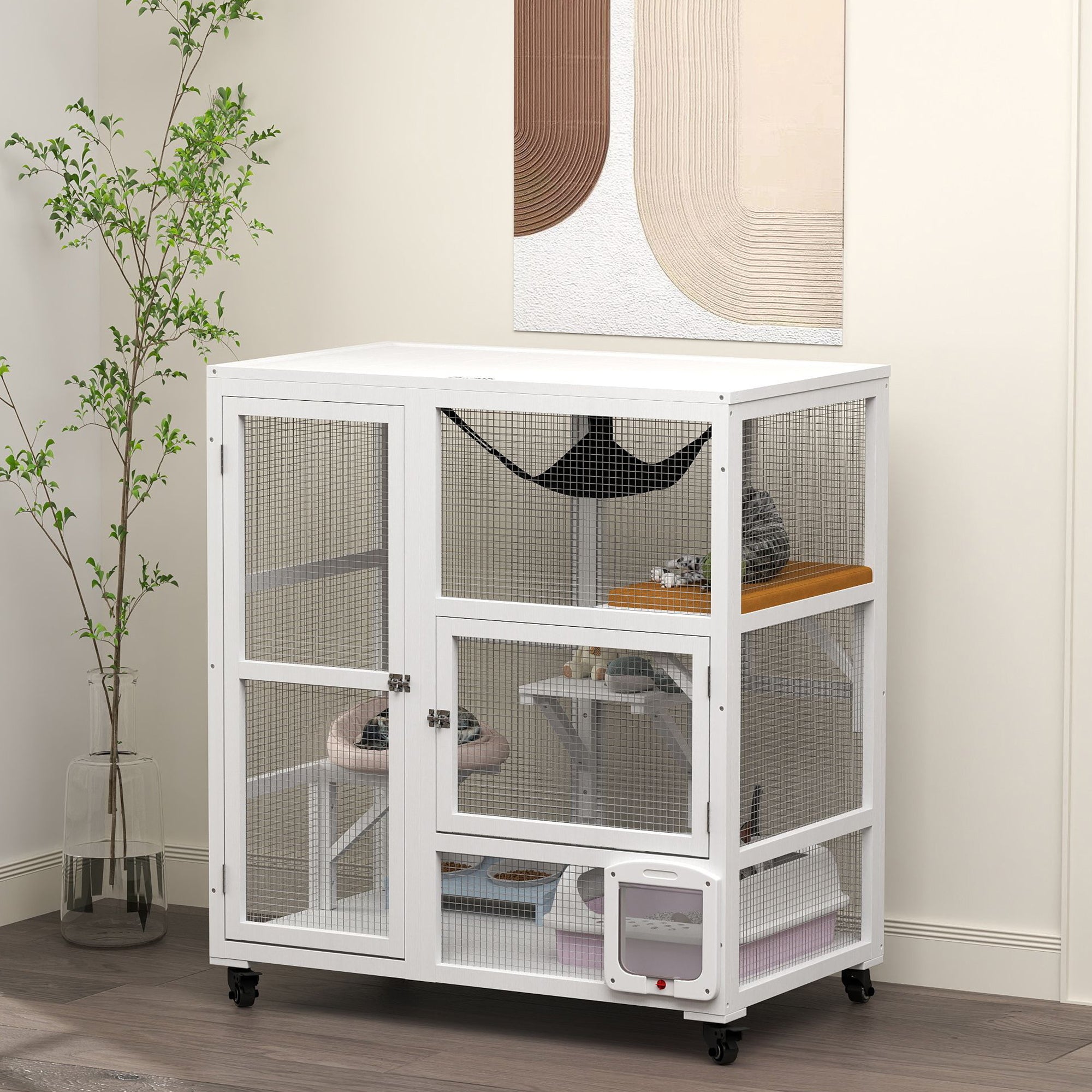 PawHut Indoor Wooden Catio, Cat House Cat Enclosure on Wheels with 3 Platforms, Hammock, Cat Flap Door & Openable Top, Luxury Kitty House for 2 Cats, 39", White