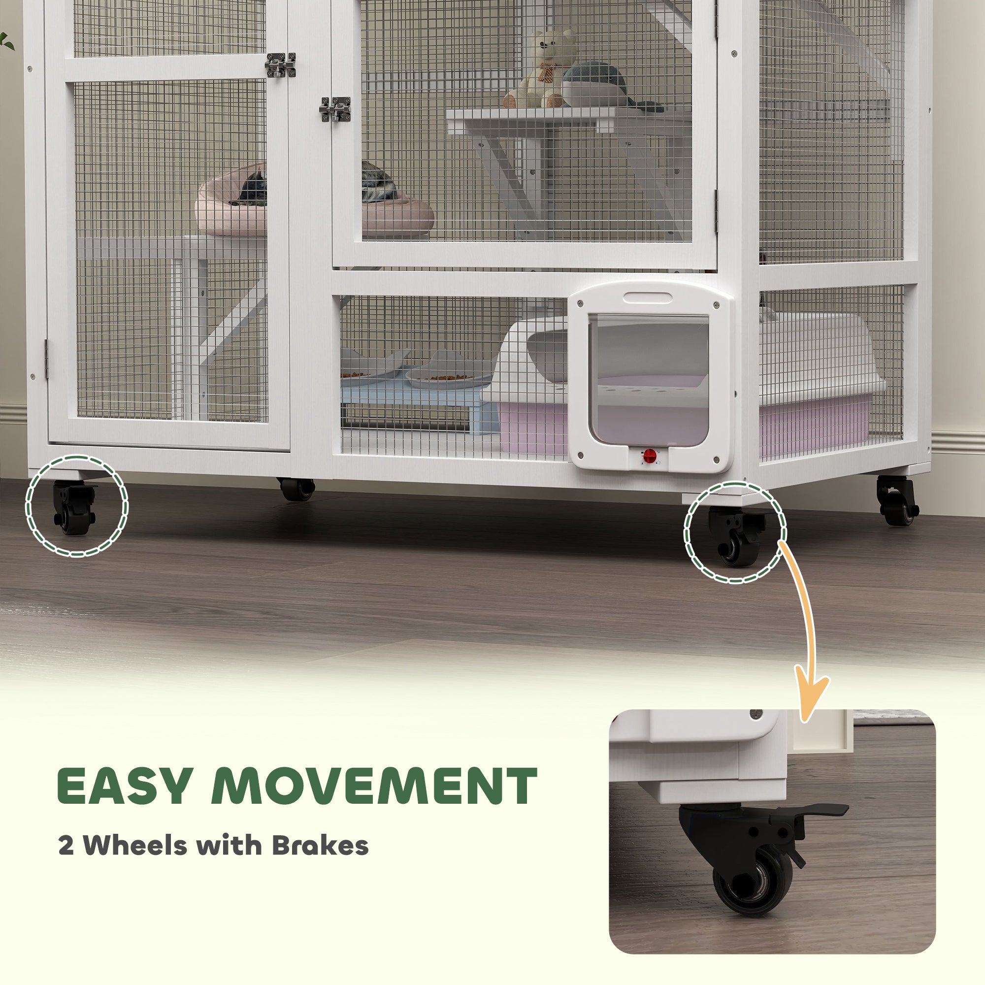 PawHut Indoor Wooden Catio, Cat House Cat Enclosure on Wheels with 3 Platforms, Hammock, Cat Flap Door & Openable Top, Luxury Kitty House for 2 Cats, 39", White