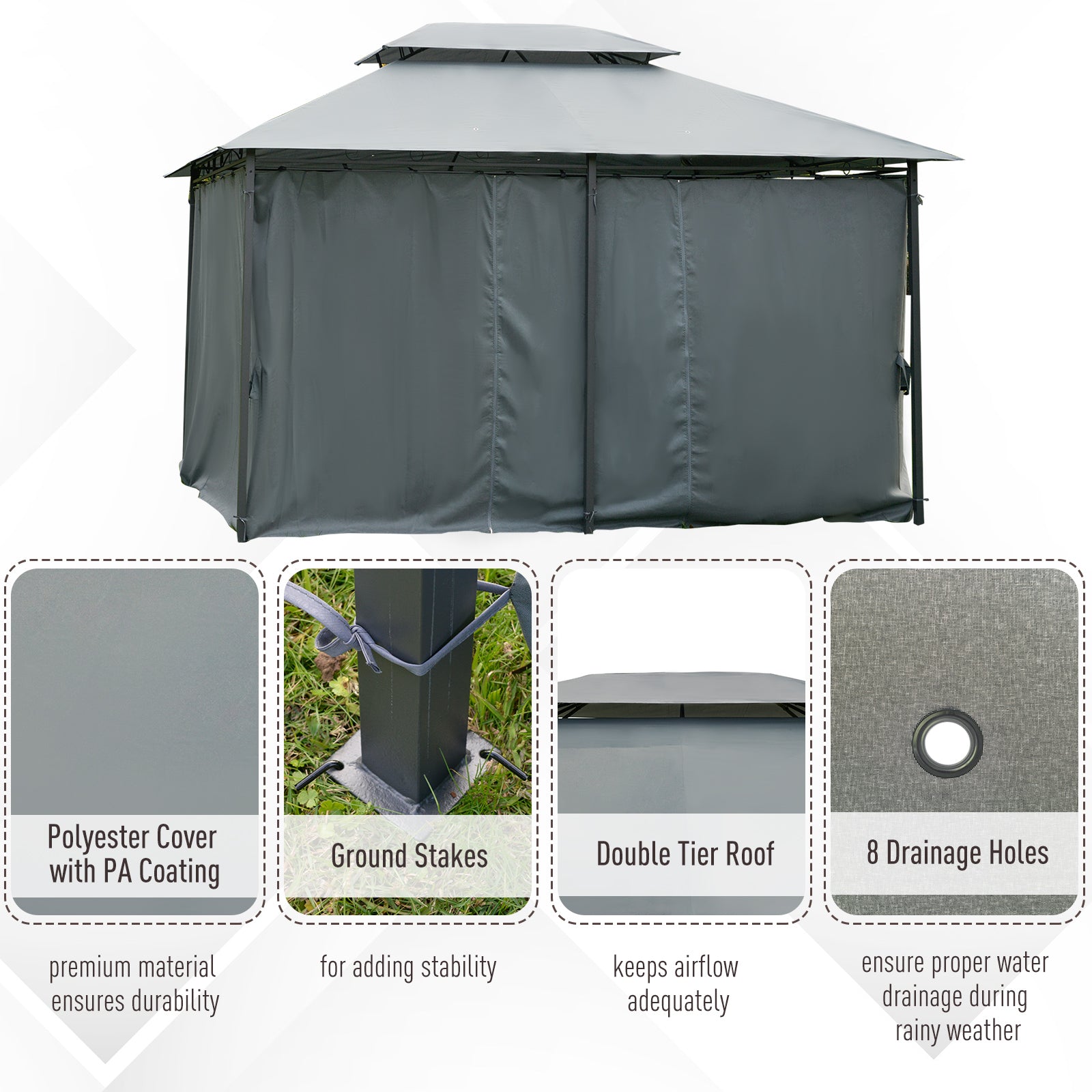 Outsunny 10' x 13' Patio Gazebo, Outdoor 2-Tiers Garden Canopy Yard Sunshade Shelter with Curtains, Grey