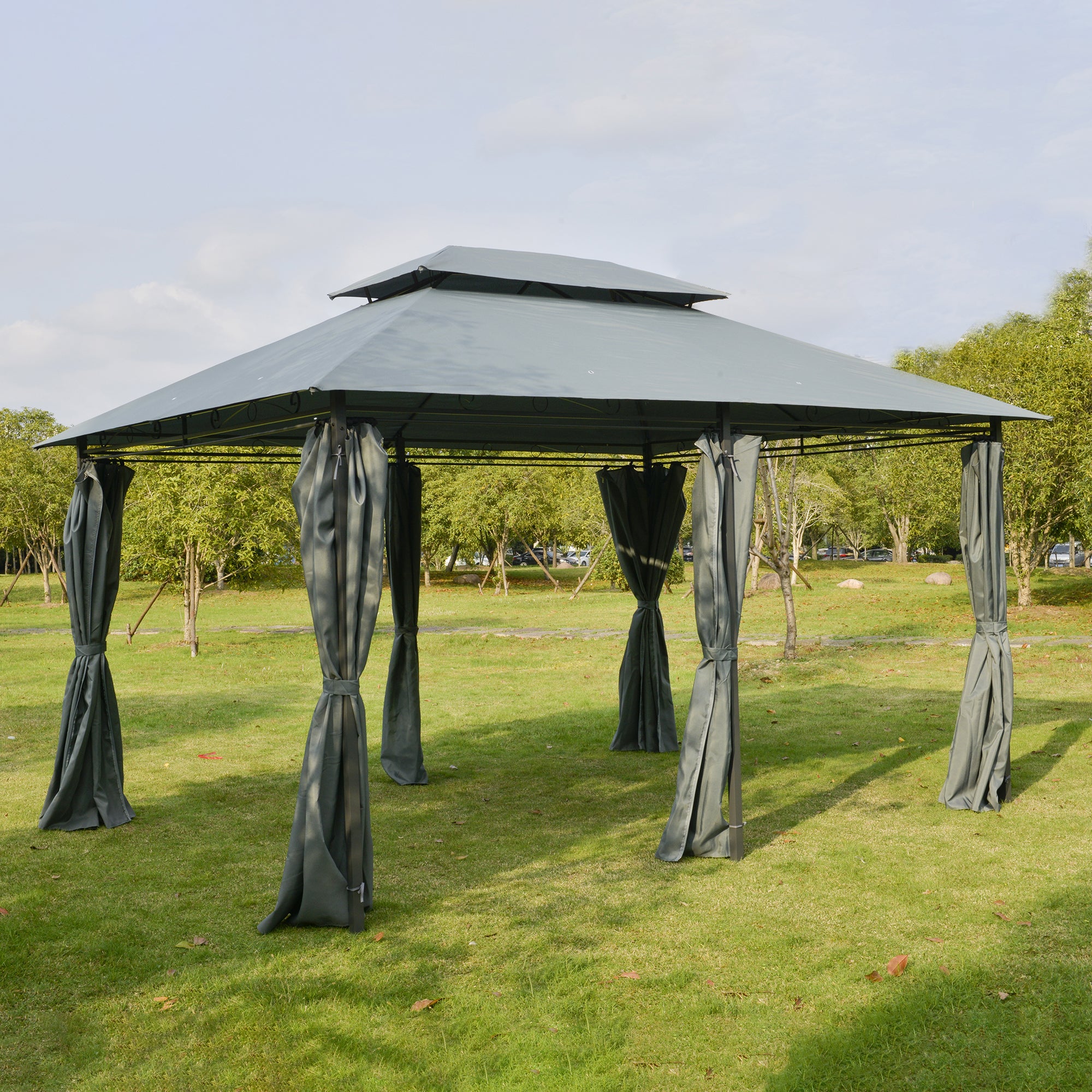 Outsunny 10' x 13' Patio Gazebo, Outdoor 2-Tiers Garden Canopy Yard Sunshade Shelter with Curtains, Grey