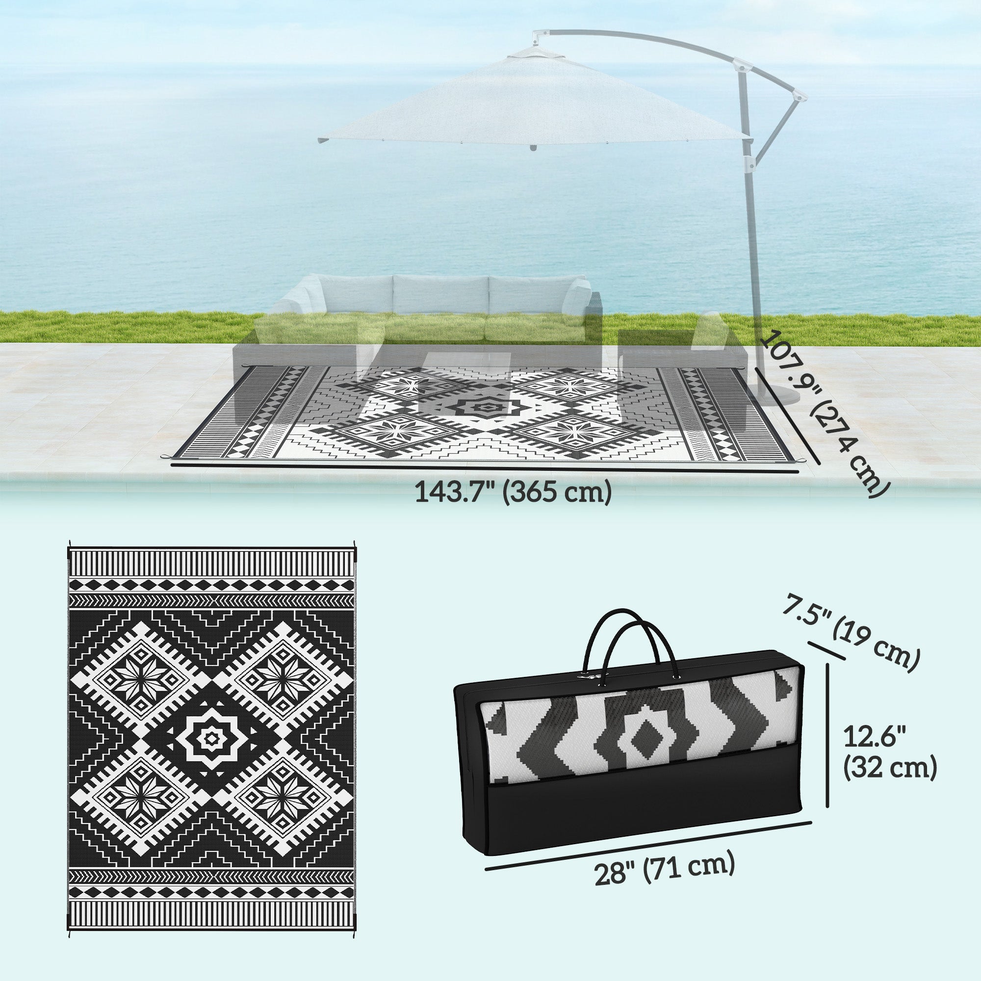Outsunny Reversible Outdoor RV Rug with Carry Bag, 9' x 12' Patio Floor Mat, Plastic Straw Rug for Backyard, Deck, Picnic, Beach, Camping, Toothed Rhombus, White and Black