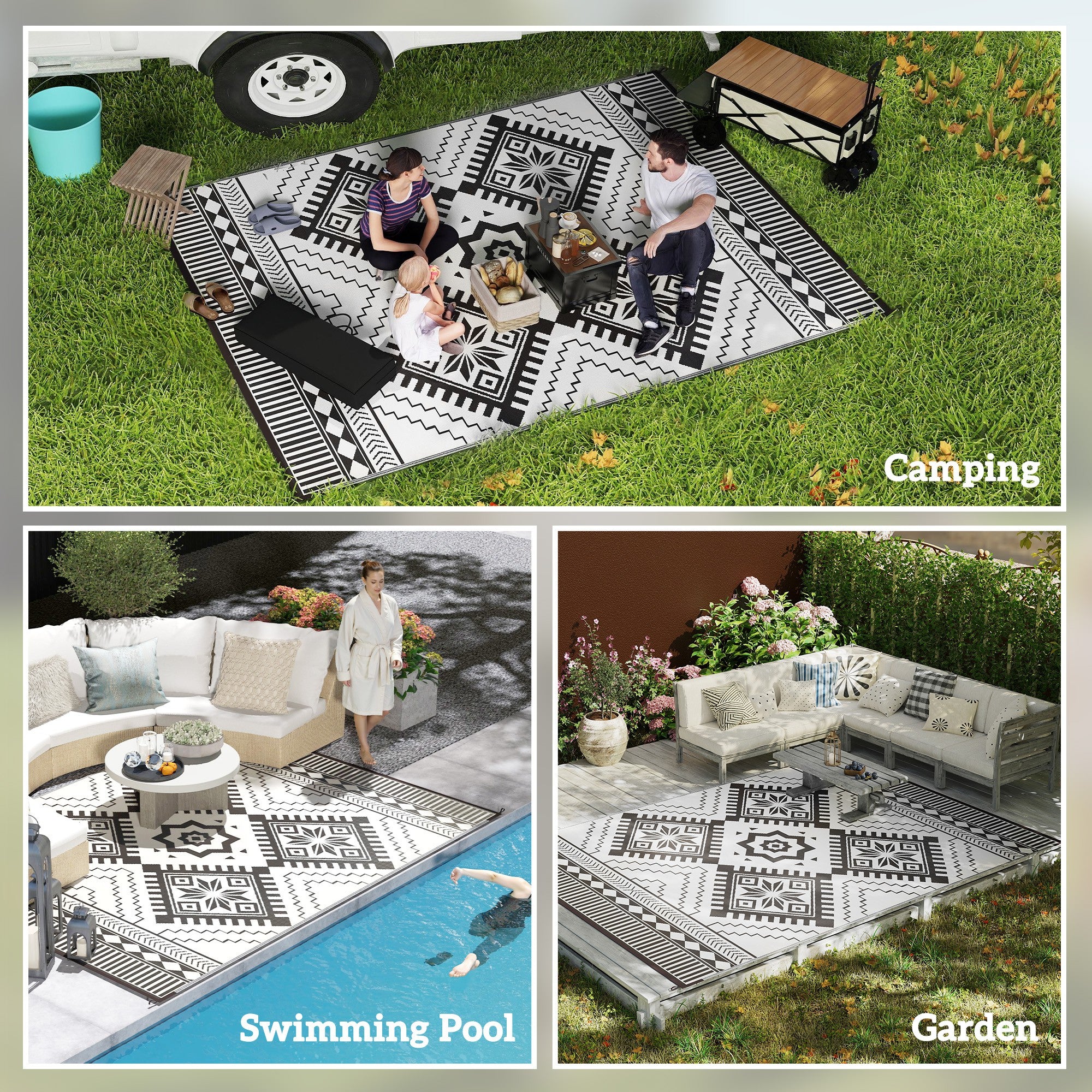 Outsunny Reversible Outdoor RV Rug with Carry Bag, 9' x 12' Patio Floor Mat, Plastic Straw Rug for Backyard, Deck, Picnic, Beach, Camping, Toothed Rhombus, White and Black