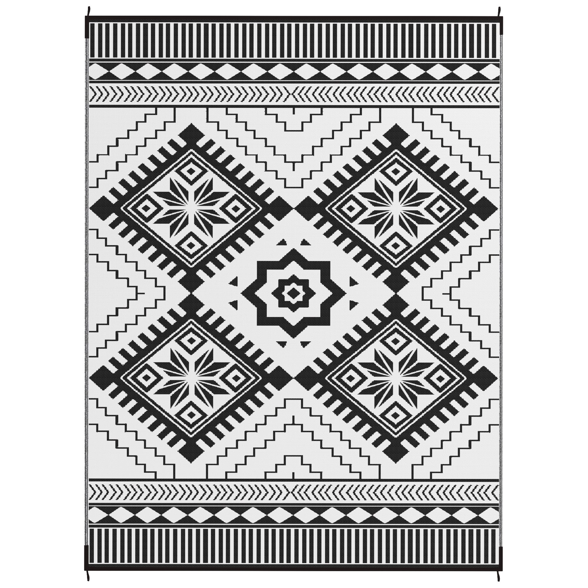 Outsunny Reversible Outdoor RV Rug with Carry Bag, 9' x 12' Patio Floor Mat, Plastic Straw Rug for Backyard, Deck, Picnic, Beach, Camping, Toothed Rhombus, White and Black