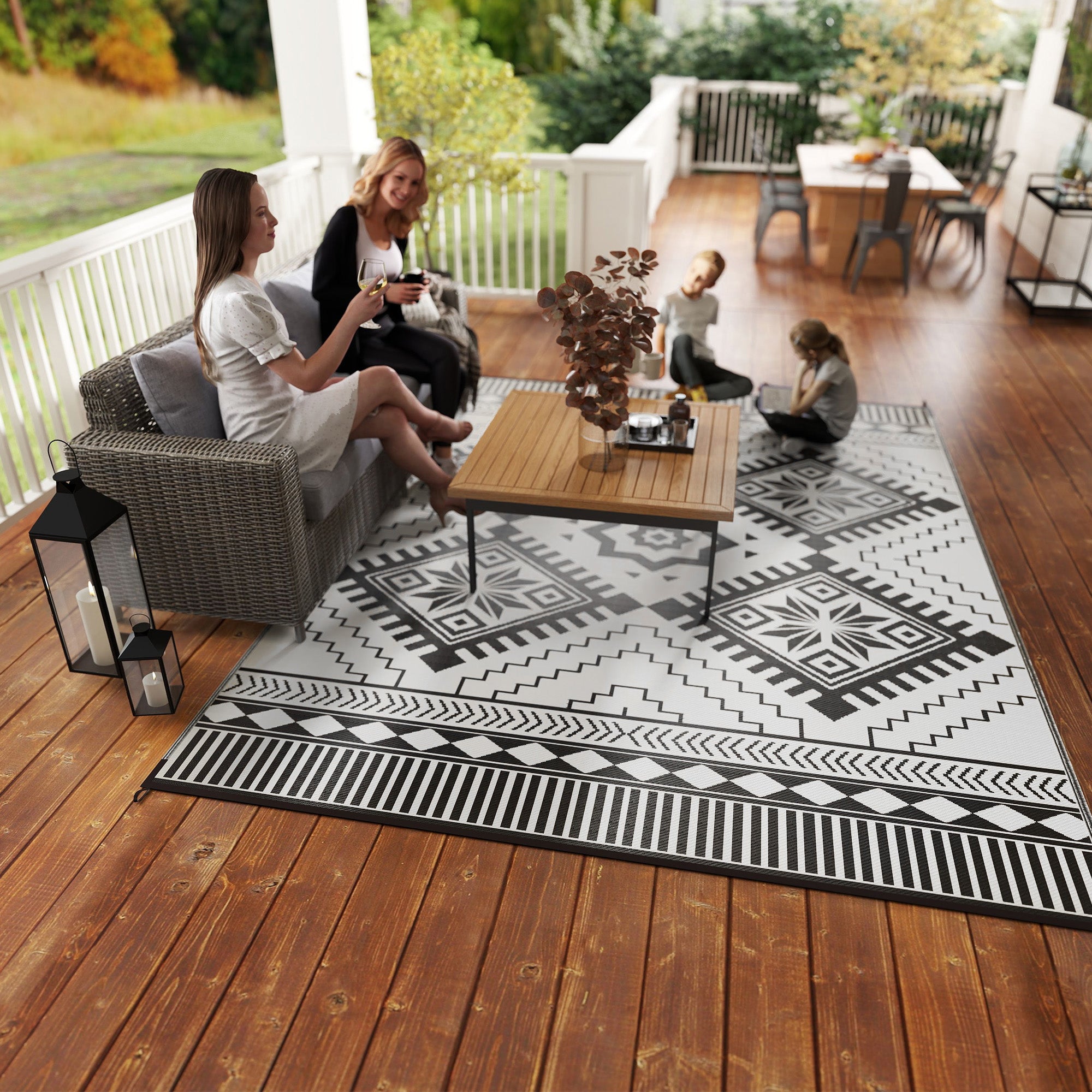 Outsunny Reversible Outdoor RV Rug with Carry Bag, 9' x 12' Patio Floor Mat, Plastic Straw Rug for Backyard, Deck, Picnic, Beach, Camping, Toothed Rhombus, White and Black