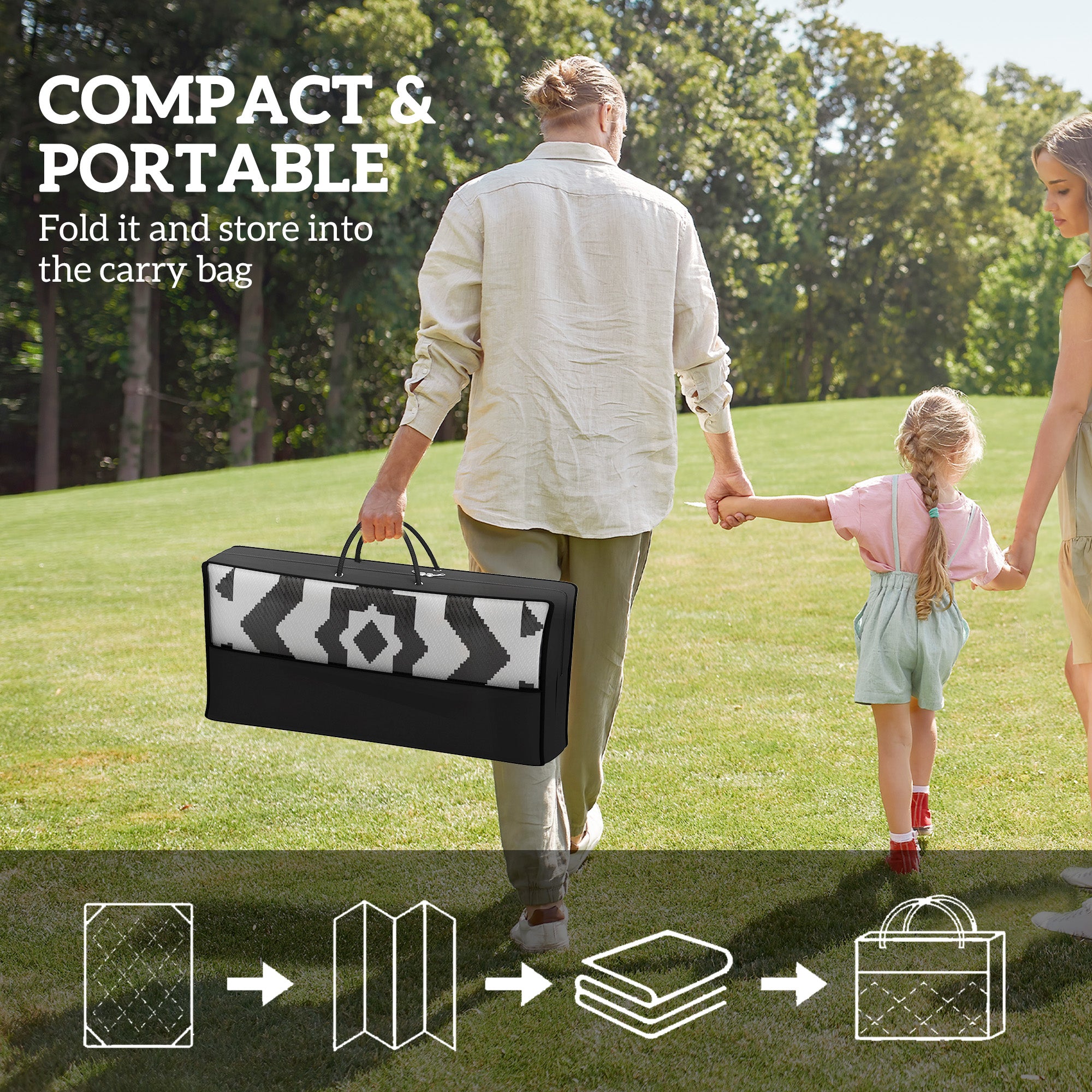 Outsunny Reversible Outdoor RV Rug with Carry Bag, 9' x 12' Patio Floor Mat, Plastic Straw Rug for Backyard, Deck, Picnic, Beach, Camping, Toothed Rhombus, White and Black