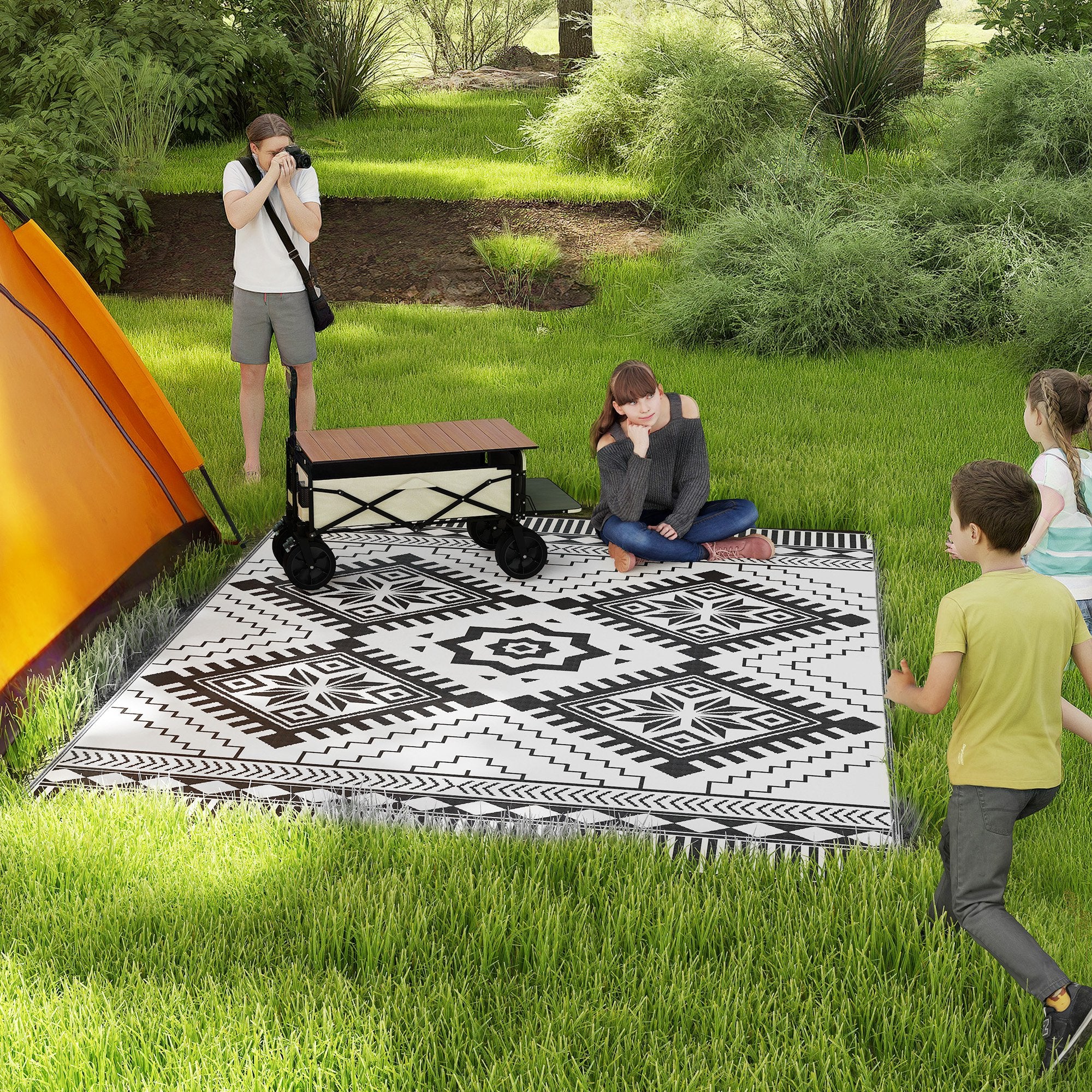 Outsunny Reversible Outdoor RV Rug with Carry Bag, 9' x 12' Patio Floor Mat, Plastic Straw Rug for Backyard, Deck, Picnic, Beach, Camping, Toothed Rhombus, White and Black