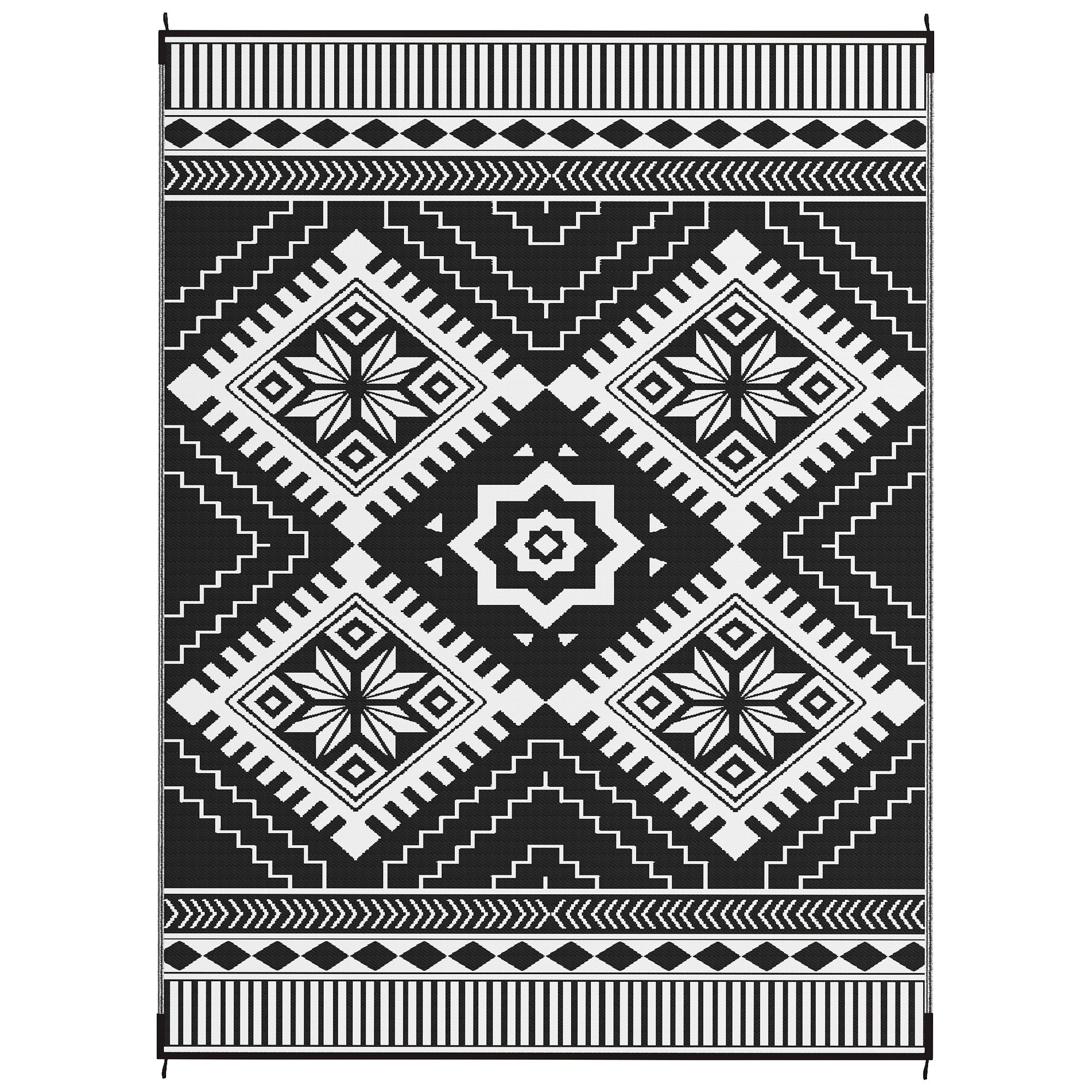 Outsunny Reversible Outdoor RV Rug with Carry Bag, 9' x 12' Patio Floor Mat, Plastic Straw Rug for Backyard, Deck, Picnic, Beach, Camping, Toothed Rhombus, White and Black