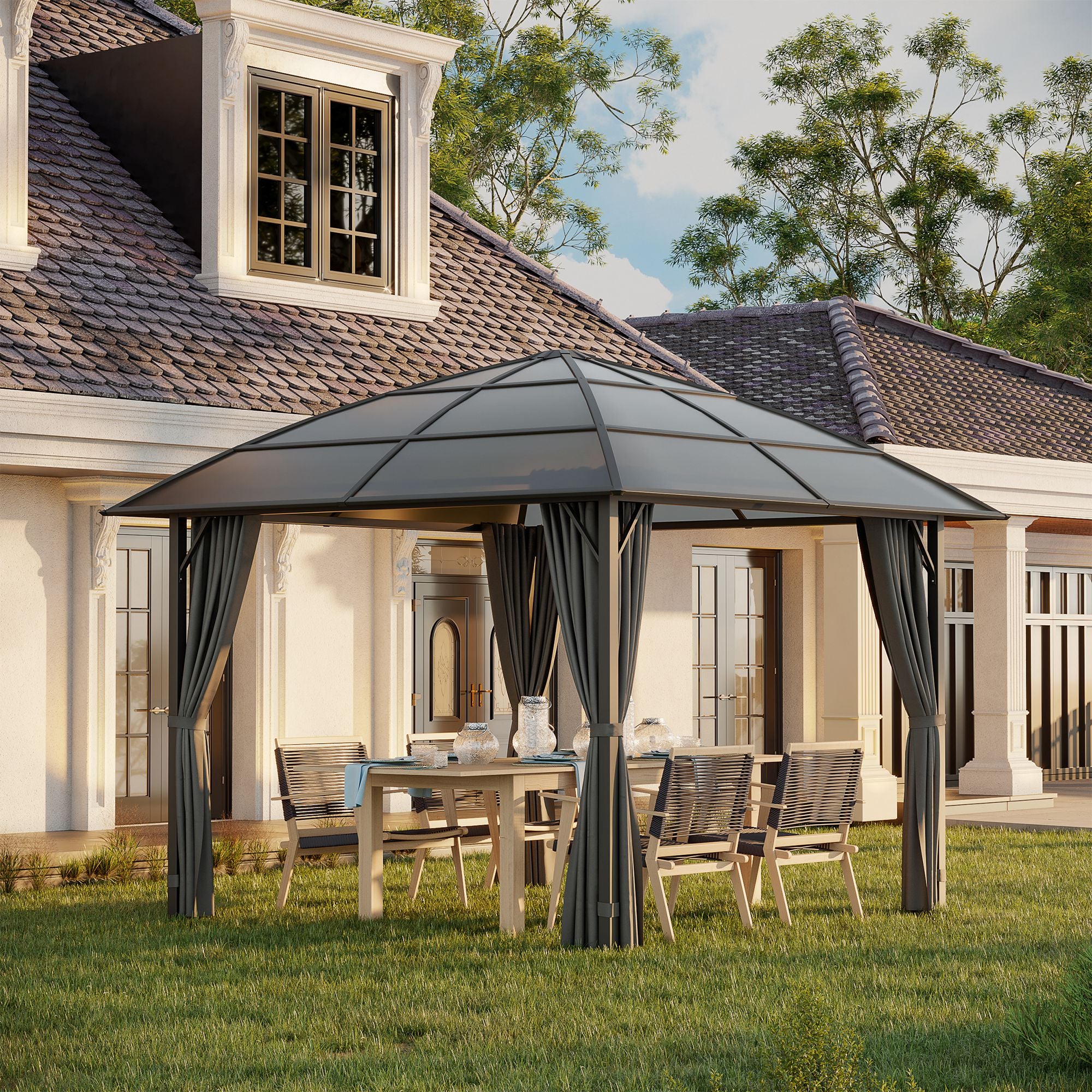 Outsunny 10' x 10' Outdoor Gazebo Canopy, Hardtop Gazebo with UV60+ Polycarbonate Roof, Steel Frame, Central Hook, and Curtains, for Garden, Lawn, Backyard, Deck, Dark Grey