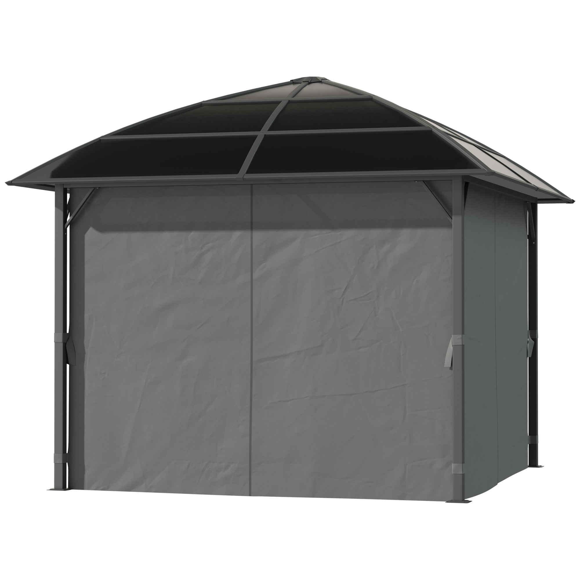 Outsunny 10' x 10' Outdoor Gazebo Canopy, Hardtop Gazebo with UV60+ Polycarbonate Roof, Steel Frame, Central Hook, and Curtains, for Garden, Lawn, Backyard, Deck, Dark Grey