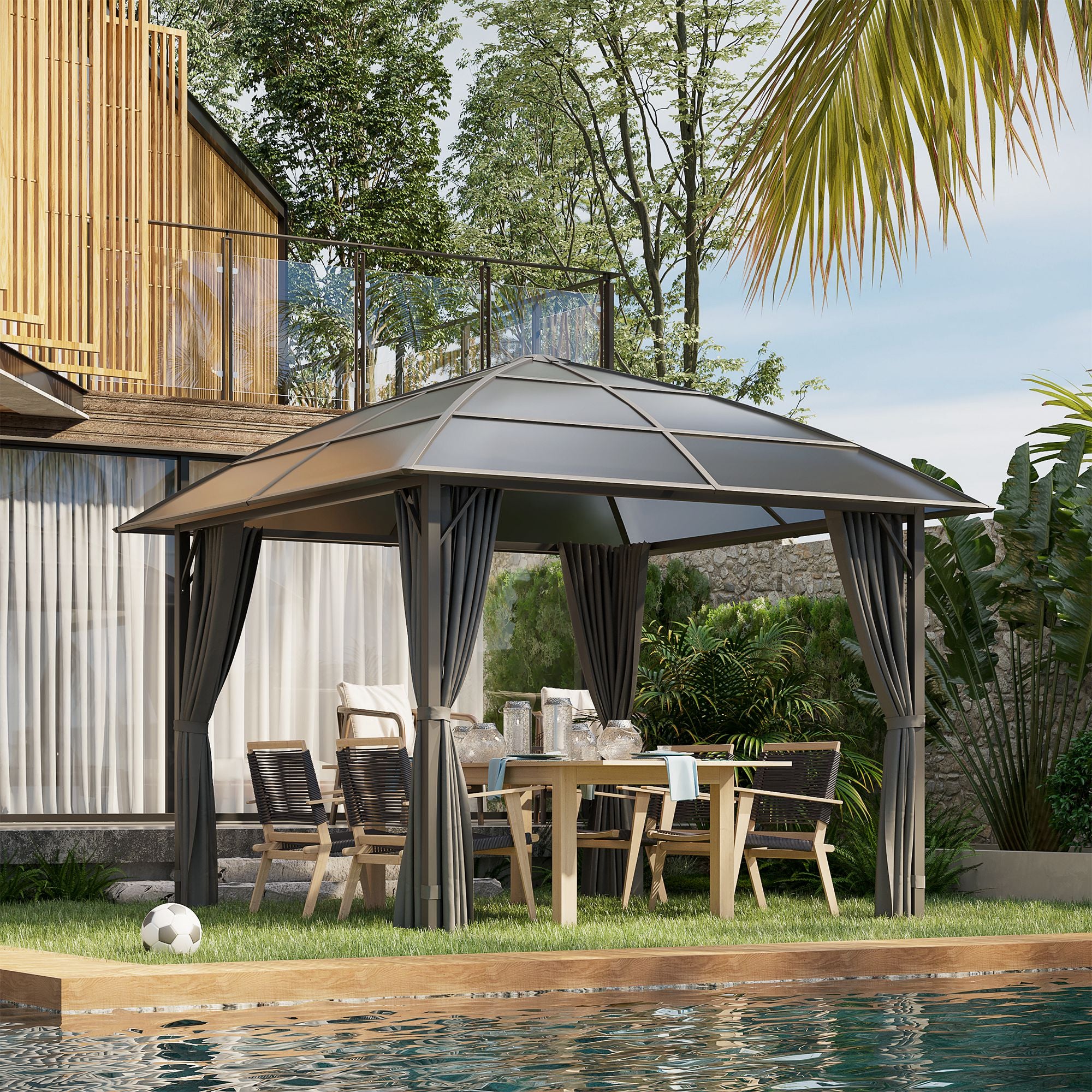 Outsunny 10' x 10' Outdoor Gazebo Canopy, Hardtop Gazebo with UV60+ Polycarbonate Roof, Steel Frame, Central Hook, and Curtains, for Garden, Lawn, Backyard, Deck, Dark Grey