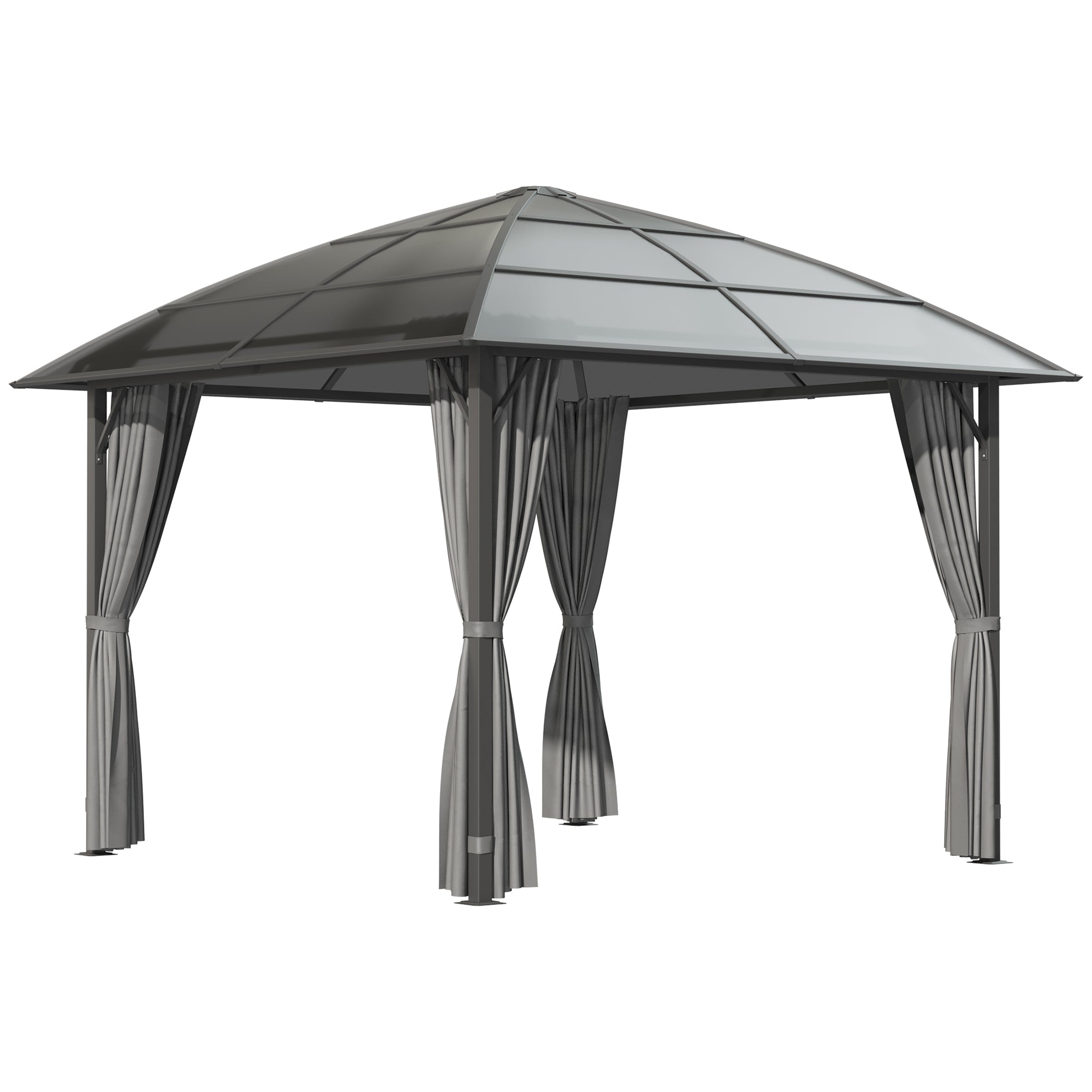 Outsunny 10' x 10' Outdoor Gazebo Canopy, Hardtop Gazebo with UV60+ Polycarbonate Roof, Steel Frame, Central Hook, and Curtains, for Garden, Lawn, Backyard, Deck, Dark Grey