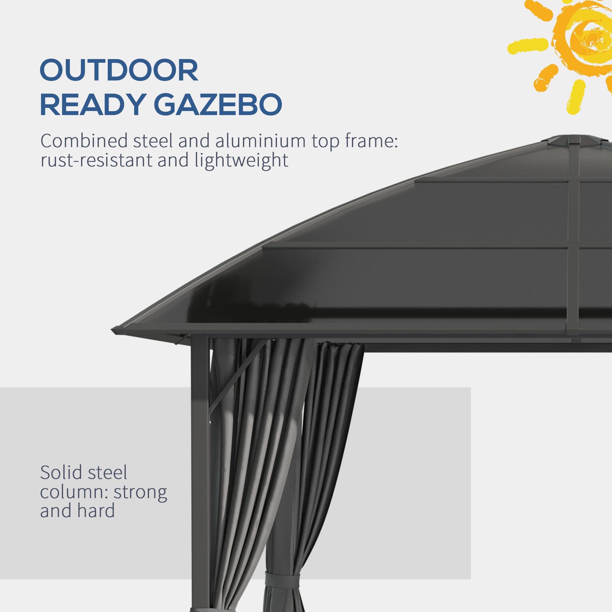 Outsunny 10' x 10' Outdoor Gazebo Canopy, Hardtop Gazebo with UV60+ Polycarbonate Roof, Steel Frame, Central Hook, and Curtains, for Garden, Lawn, Backyard, Deck, Dark Grey