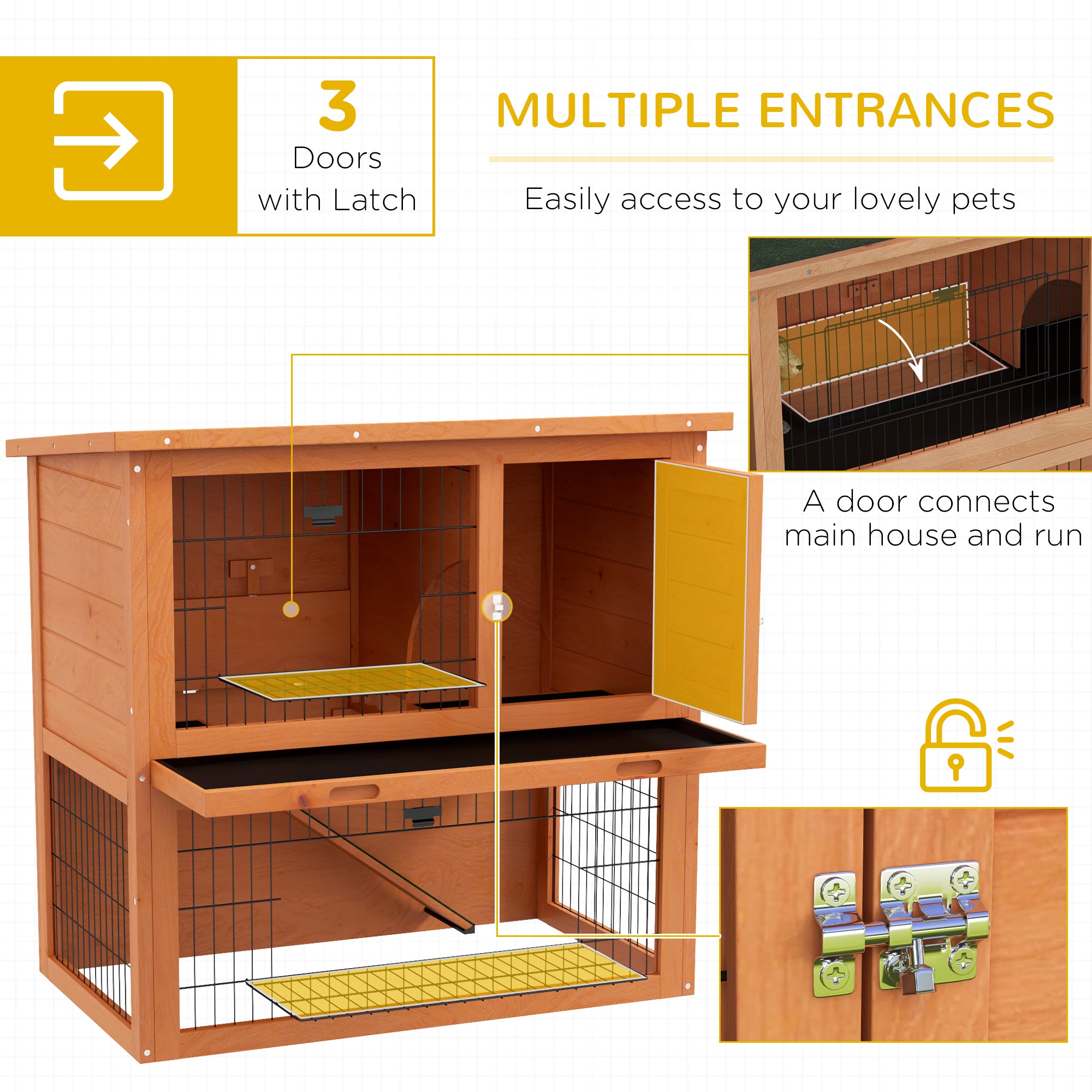 PawHut Rabbit Hutch Guinea Pig Hutch Wooden with No-Leak Tray, Asphalt Roof, Antiseptic Wood Outdoor for 1-2 Rabbits 85 x 50 x 80cm - Orange