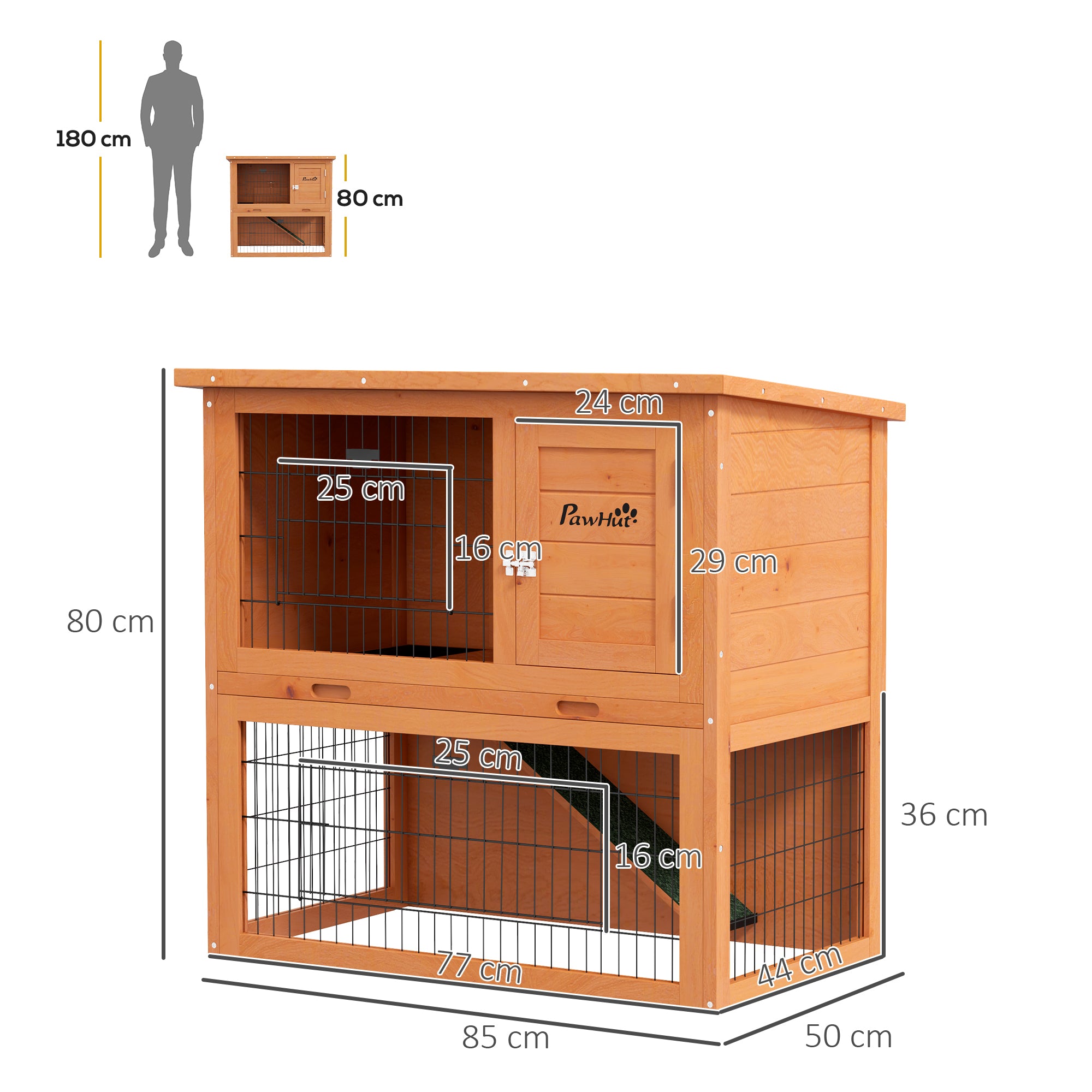 PawHut Rabbit Hutch Guinea Pig Hutch Wooden with No-Leak Tray, Asphalt Roof, Antiseptic Wood Outdoor for 1-2 Rabbits 85 x 50 x 80cm - Orange