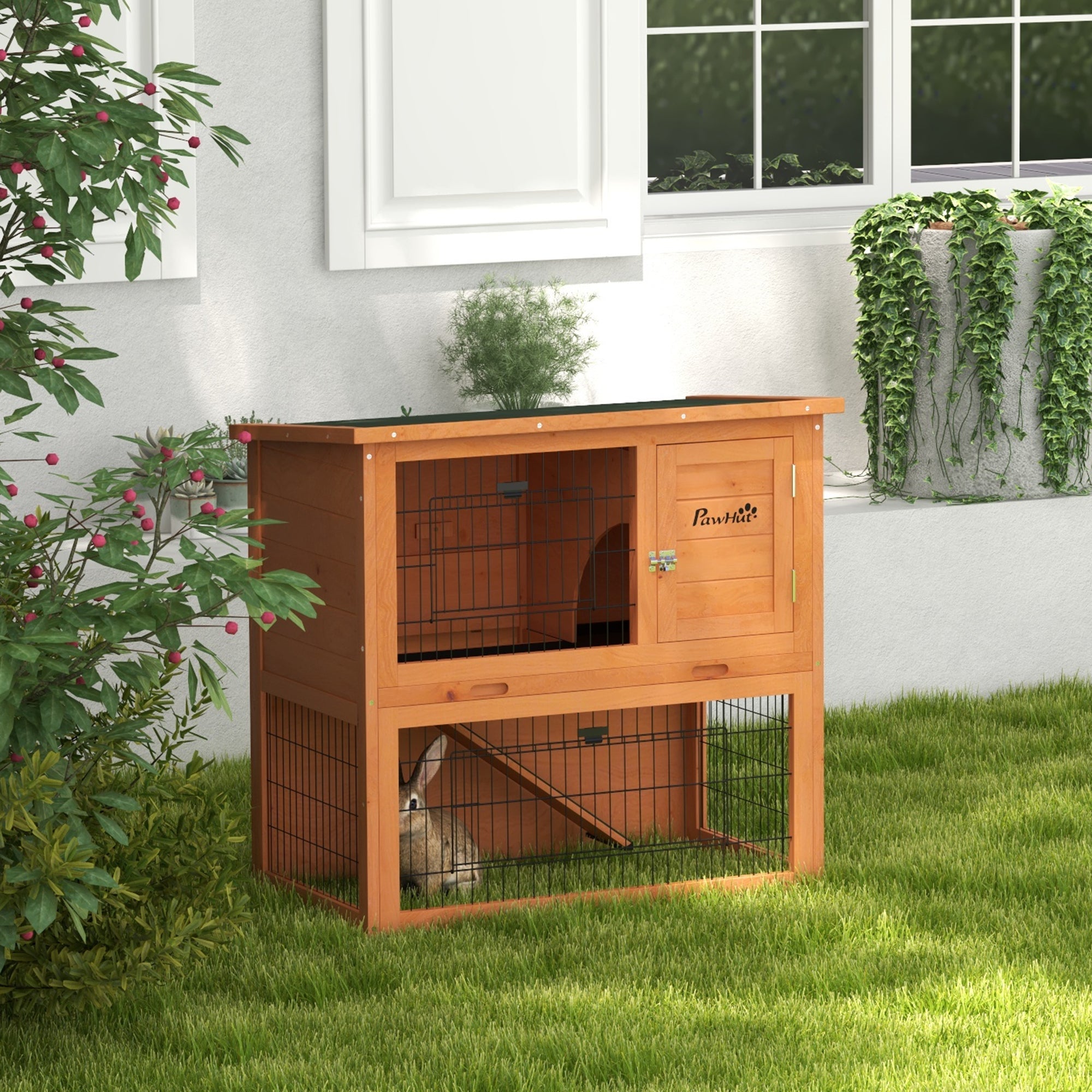 PawHut Rabbit Hutch Guinea Pig Hutch Wooden with No-Leak Tray, Asphalt Roof, Antiseptic Wood Outdoor for 1-2 Rabbits 85 x 50 x 80cm - Orange