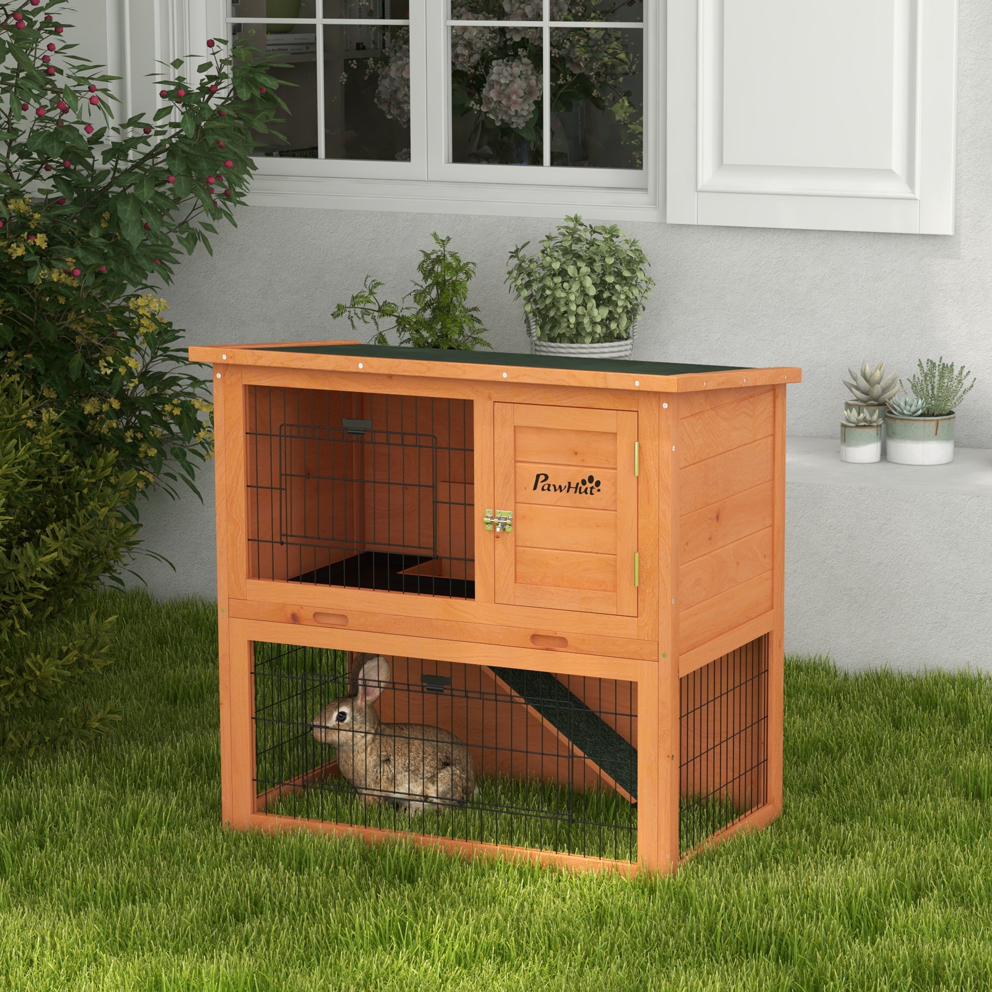 PawHut Rabbit Hutch Guinea Pig Hutch Wooden with No-Leak Tray, Asphalt Roof, Antiseptic Wood Outdoor for 1-2 Rabbits 85 x 50 x 80cm - Orange