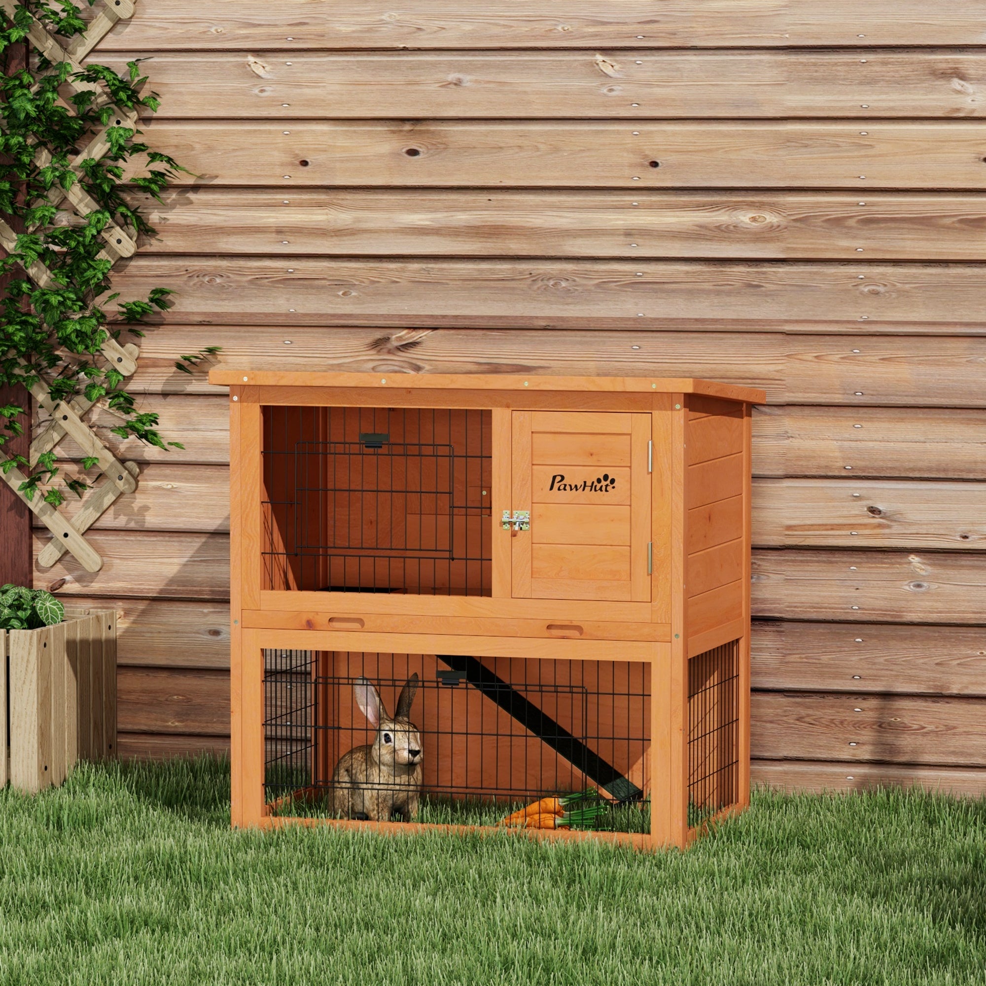 PawHut Rabbit Hutch Guinea Pig Hutch Wooden with No-Leak Tray, Asphalt Roof, Antiseptic Wood Outdoor for 1-2 Rabbits 85 x 50 x 80cm - Orange