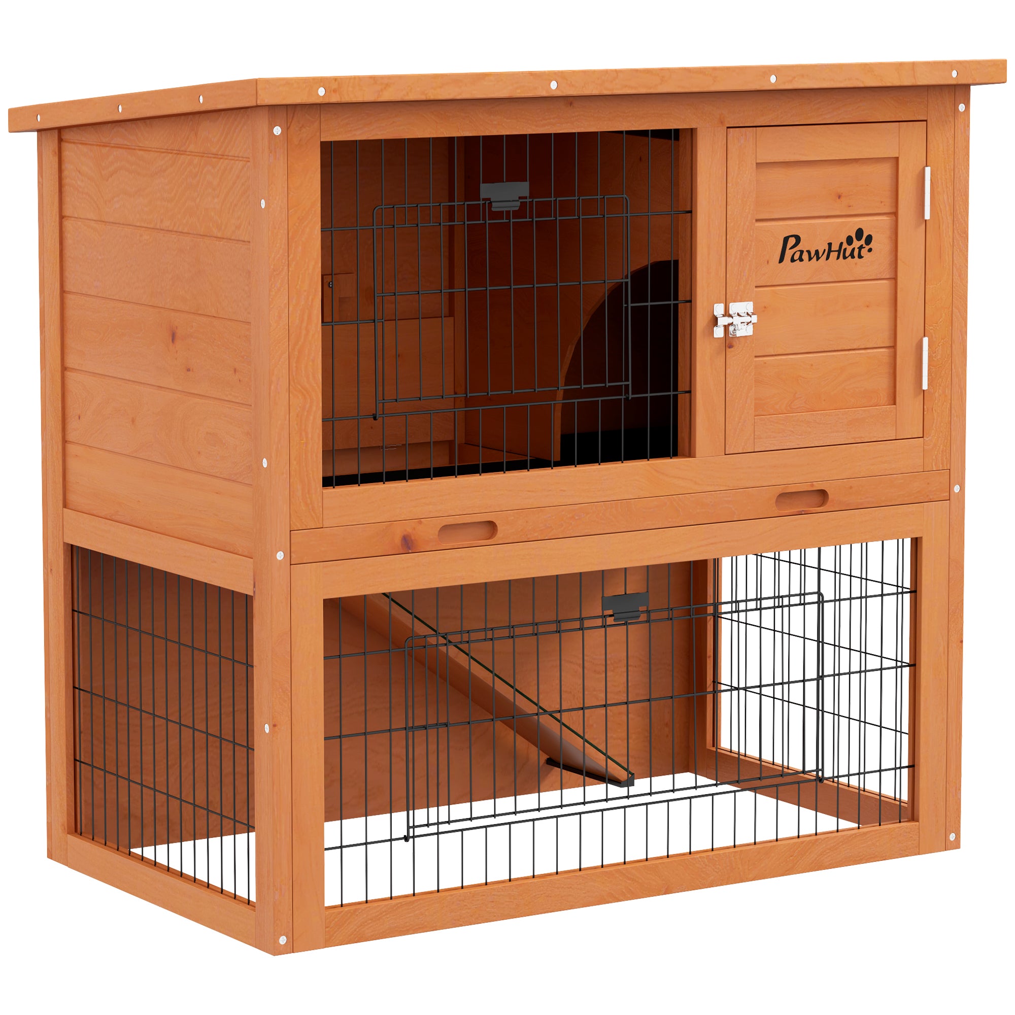 PawHut Rabbit Hutch Guinea Pig Hutch Wooden with No-Leak Tray, Asphalt Roof, Antiseptic Wood Outdoor for 1-2 Rabbits 85 x 50 x 80cm - Orange