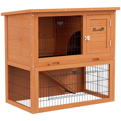 PawHut Rabbit Hutch Guinea Pig Hutch Wooden with No-Leak Tray, Asphalt Roof, Antiseptic Wood Outdoor for 1-2 Rabbits 85 x 50 x 80cm - Orange