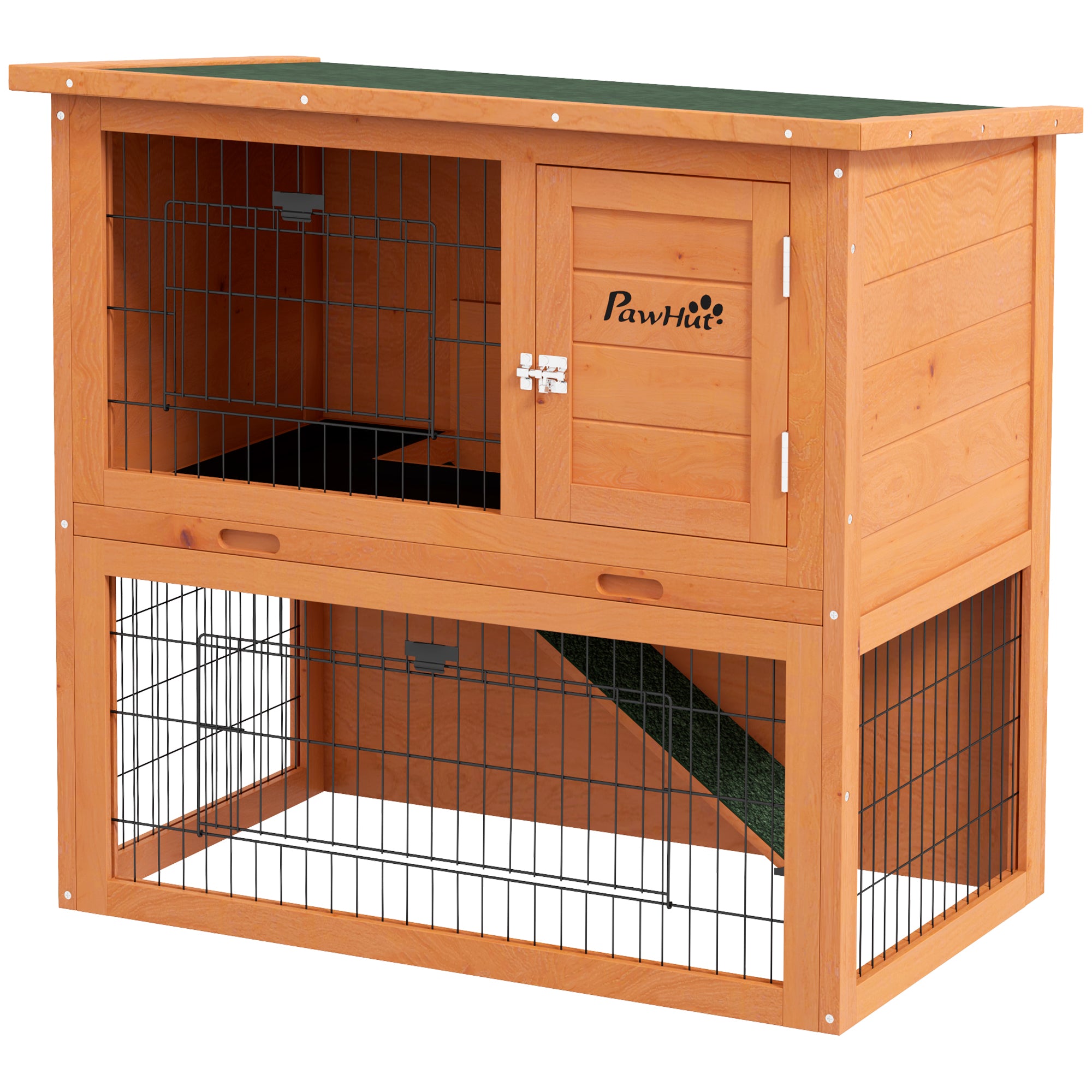PawHut Rabbit Hutch Guinea Pig Hutch Wooden with No-Leak Tray, Asphalt Roof, Antiseptic Wood Outdoor for 1-2 Rabbits 85 x 50 x 80cm - Orange