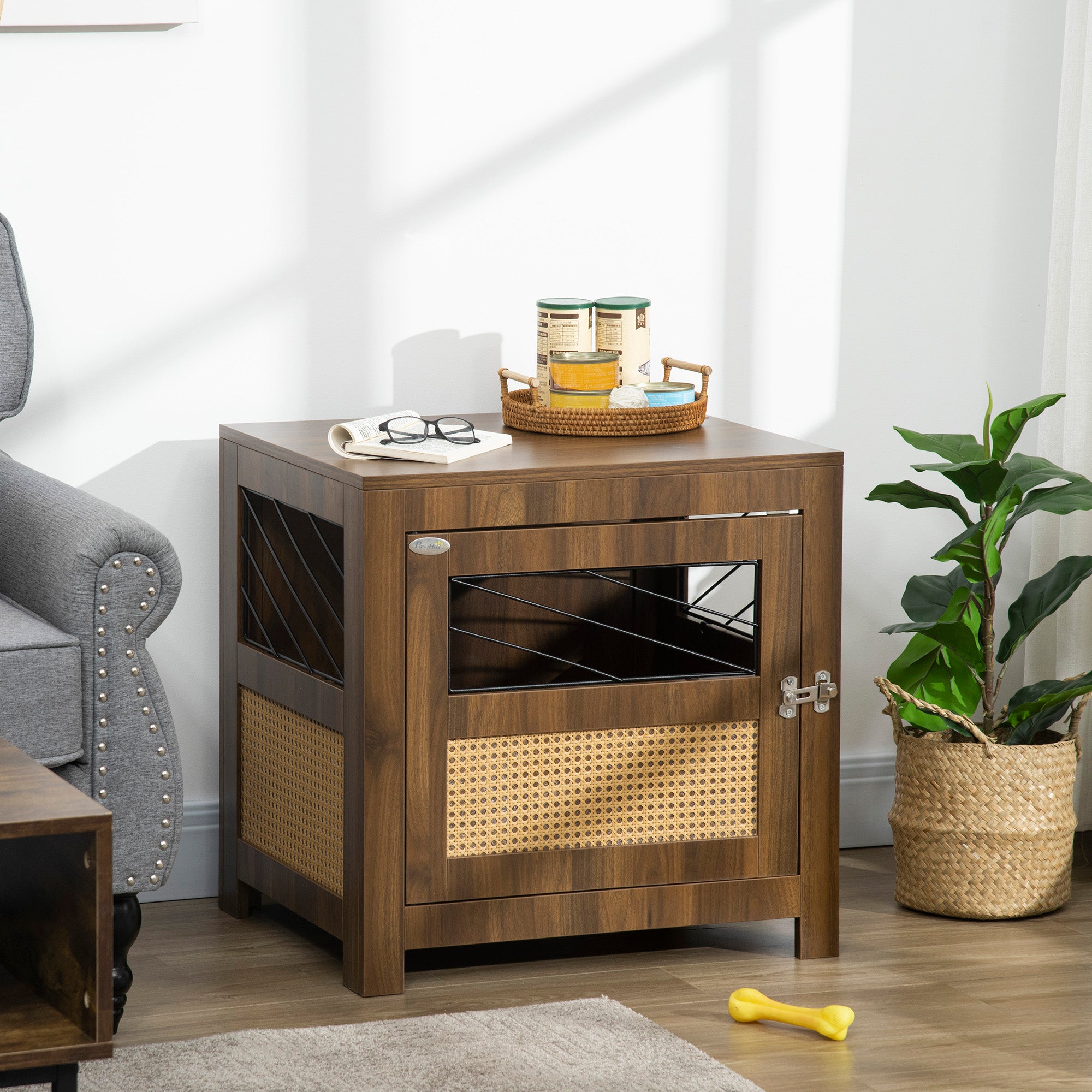 PawHut Dog Crate Furniture with Cushion, Wooden Dog Kennel End Table with Lockable Door, for Miniature Dogs, Indoor, Walnut