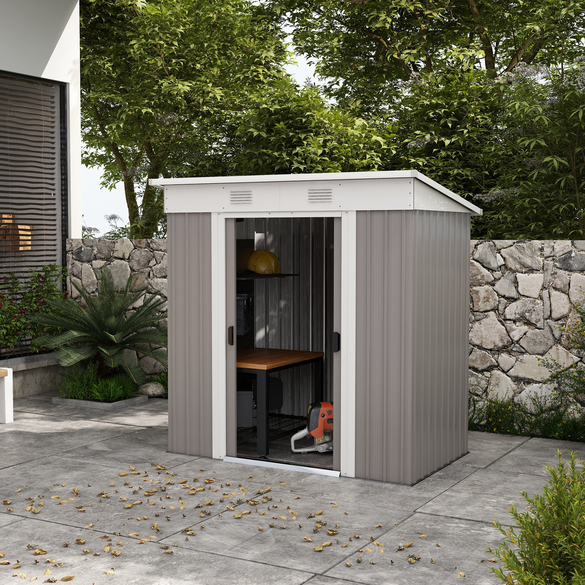 Outsunny 6' x 4' Outdoor Storage Shed, Metal Garden Tool Storage House Organizer with Lockable Sliding Doors and Vents for Backyard Patio Lawn, Light Grey