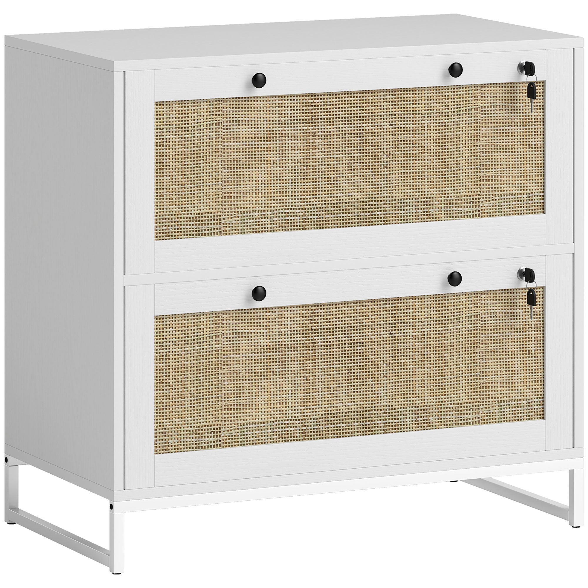 Vinsetto 2-Drawer Filing Cabinet with Lock, Rattan File Cabinet with Adjustable Hanging Bar for Letters, A4 and Legal Size Papers, White