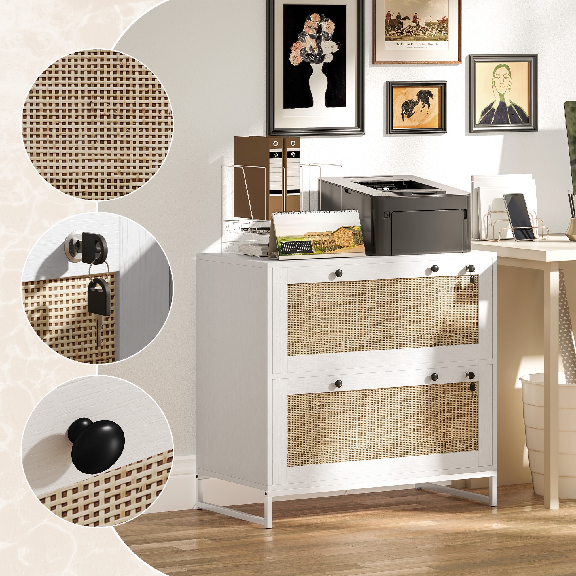 Vinsetto 2-Drawer Filing Cabinet with Lock, Rattan File Cabinet with Adjustable Hanging Bar for Letters, A4 and Legal Size Papers, White