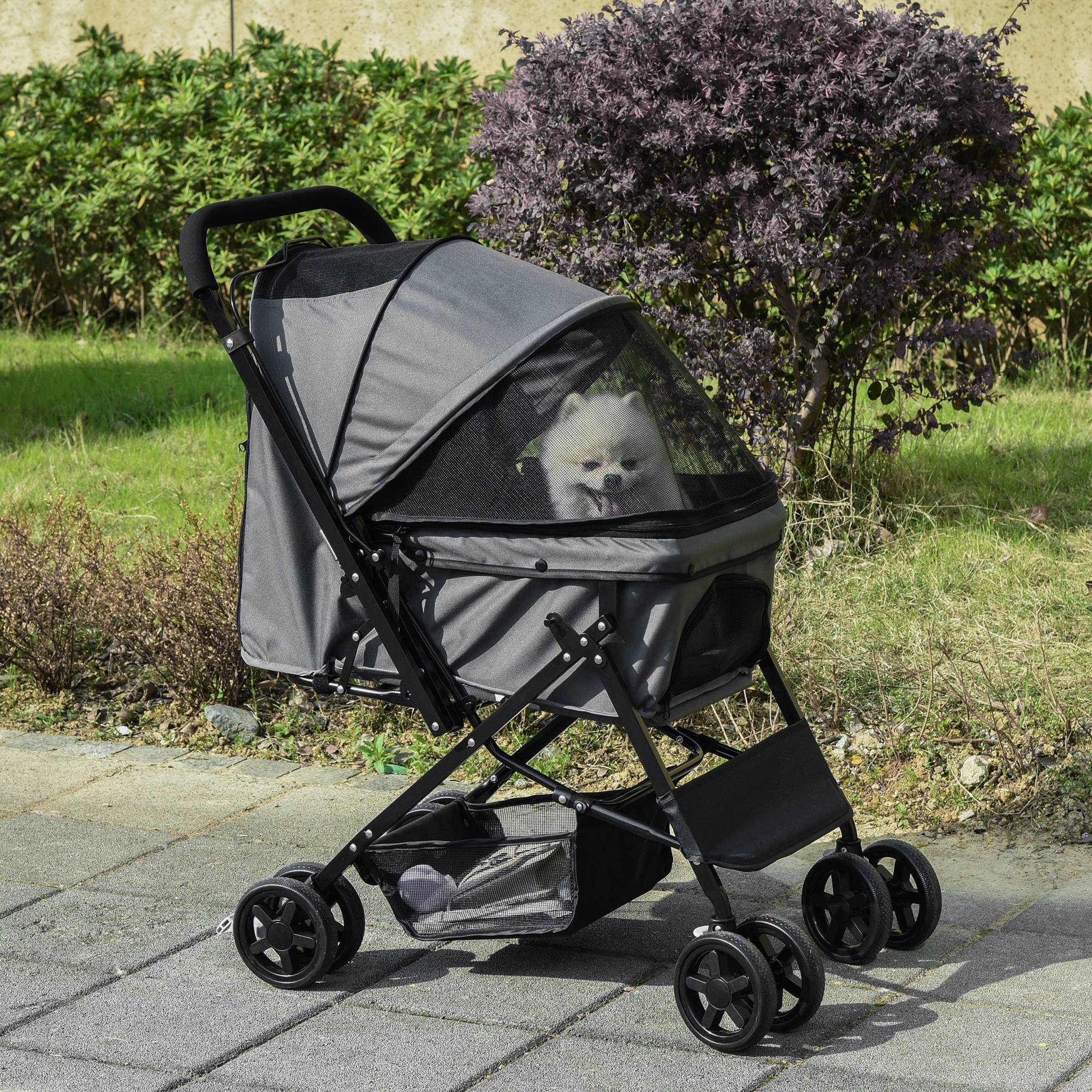 PawHut Dog Stroller, Pet Stroller, Foldable Dog Cat Travel Pushchair with Reversible Handle, EVA Wheels, Brake, Basket, Adjustable Canopy, Safety Leash, for Small Dogs, Grey