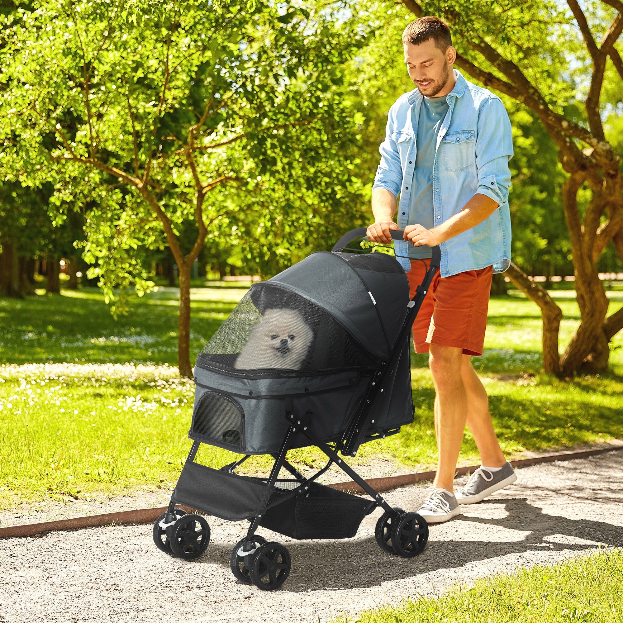 PawHut Dog Stroller, Pet Stroller, Foldable Dog Cat Travel Pushchair with Reversible Handle, EVA Wheels, Brake, Basket, Adjustable Canopy, Safety Leash, for Small Dogs, Grey