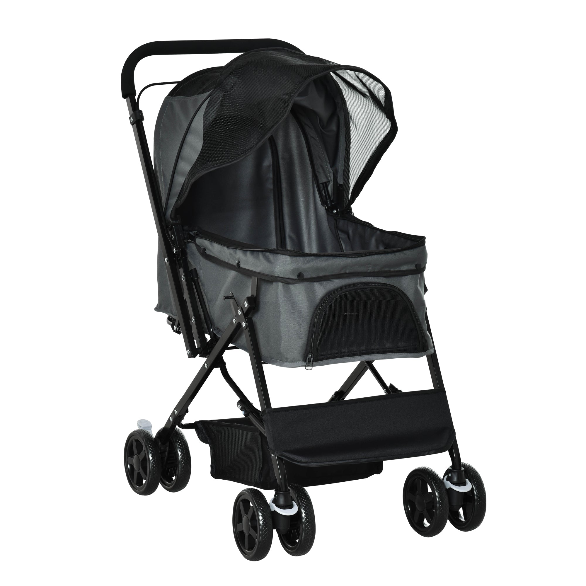 PawHut Dog Stroller, Pet Stroller, Foldable Dog Cat Travel Pushchair with Reversible Handle, EVA Wheels, Brake, Basket, Adjustable Canopy, Safety Leash, for Small Dogs, Grey