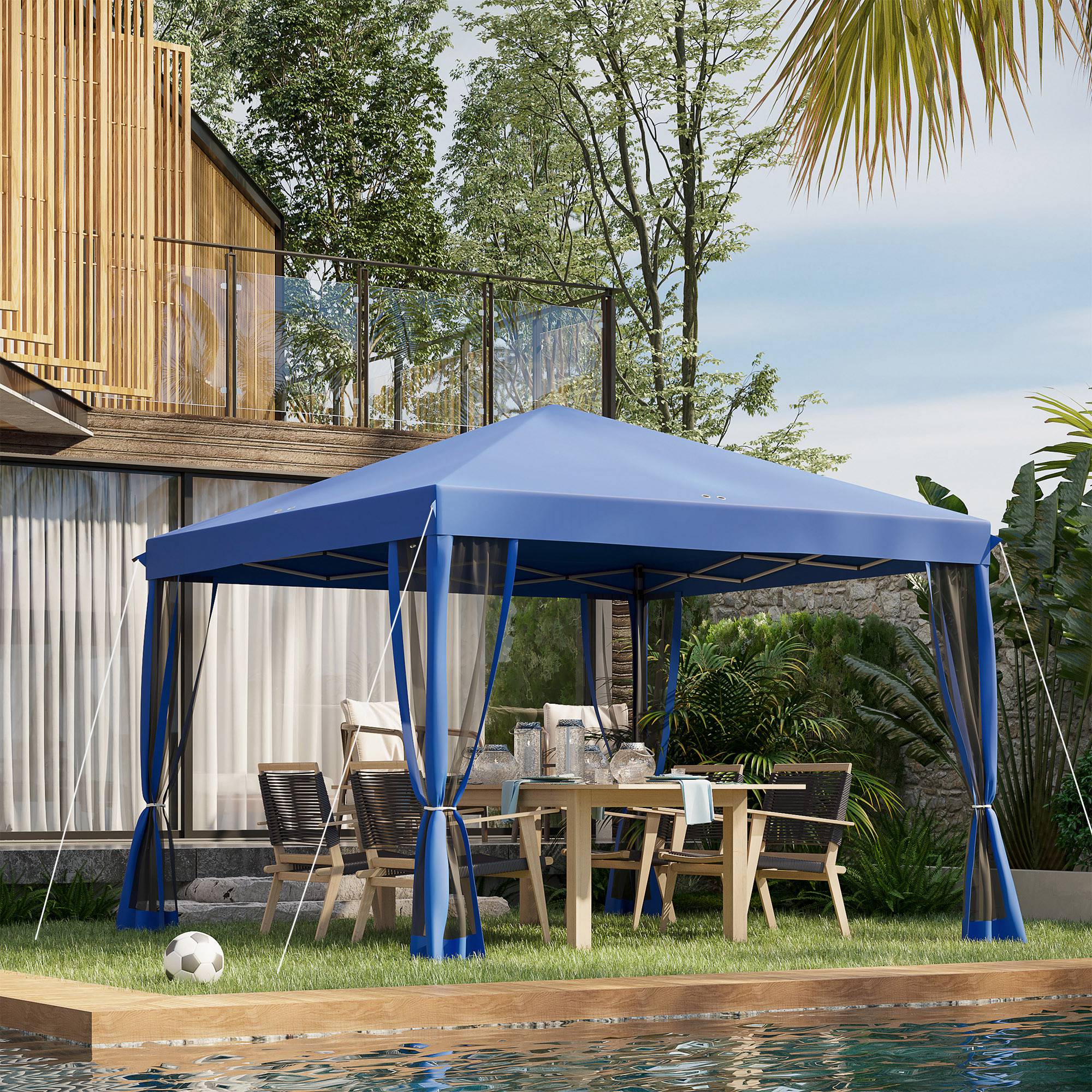 Outsunny 10' x 10' Pop Up Canopy Tent Gazebo with Removable Mesh Sidewall Netting, Carry Bag for Backyard Patio Outdoor, Blue